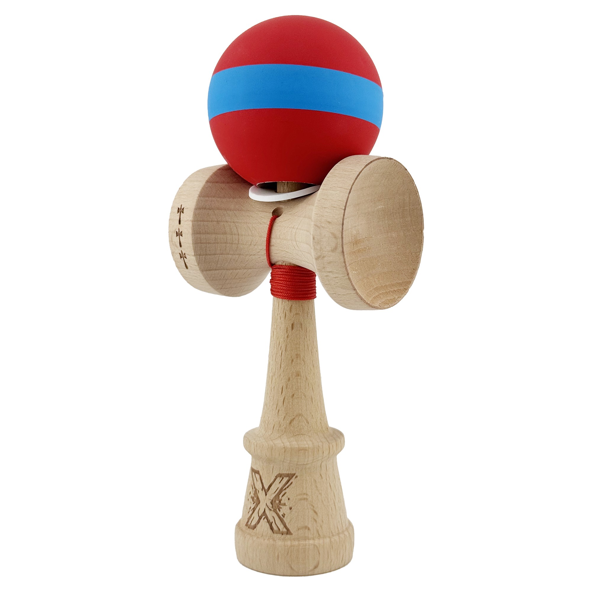 Kendama X Originala, Profesionala, Flippy, Cupe Mari KING SIZE V3, Rubber Grip, Gaura in Baza, Rulment Metalic, din lemn 18 cm, Ata 62/65 cm, M Bicolor Rosu/Albastru