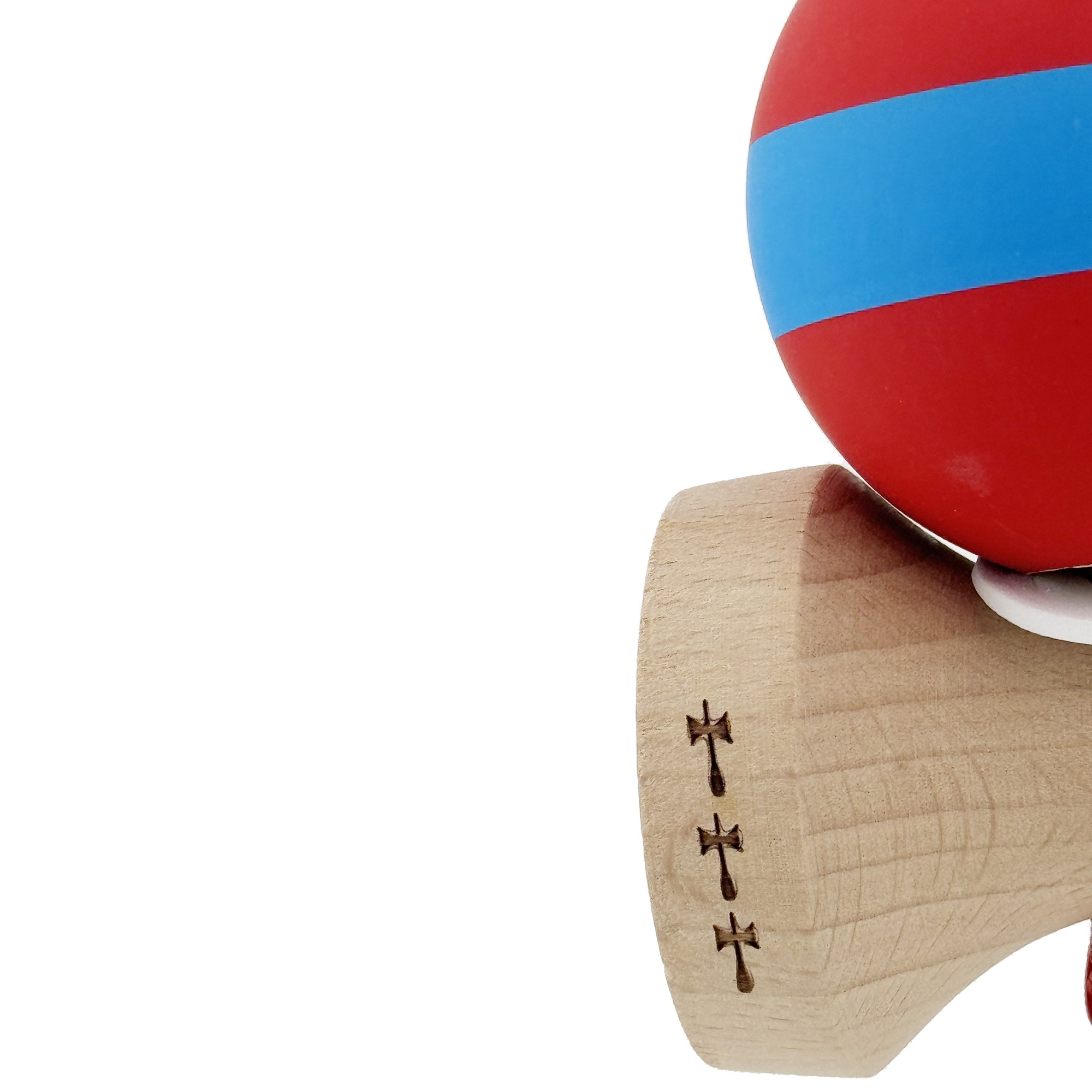 Kendama X Originala, Profesionala, Flippy, Cupe Mari KING SIZE V3, Rubber Grip, Gaura in Baza, Rulment Metalic, din lemn 18 cm, Ata 62/65 cm, M Bicolor Rosu/Albastru