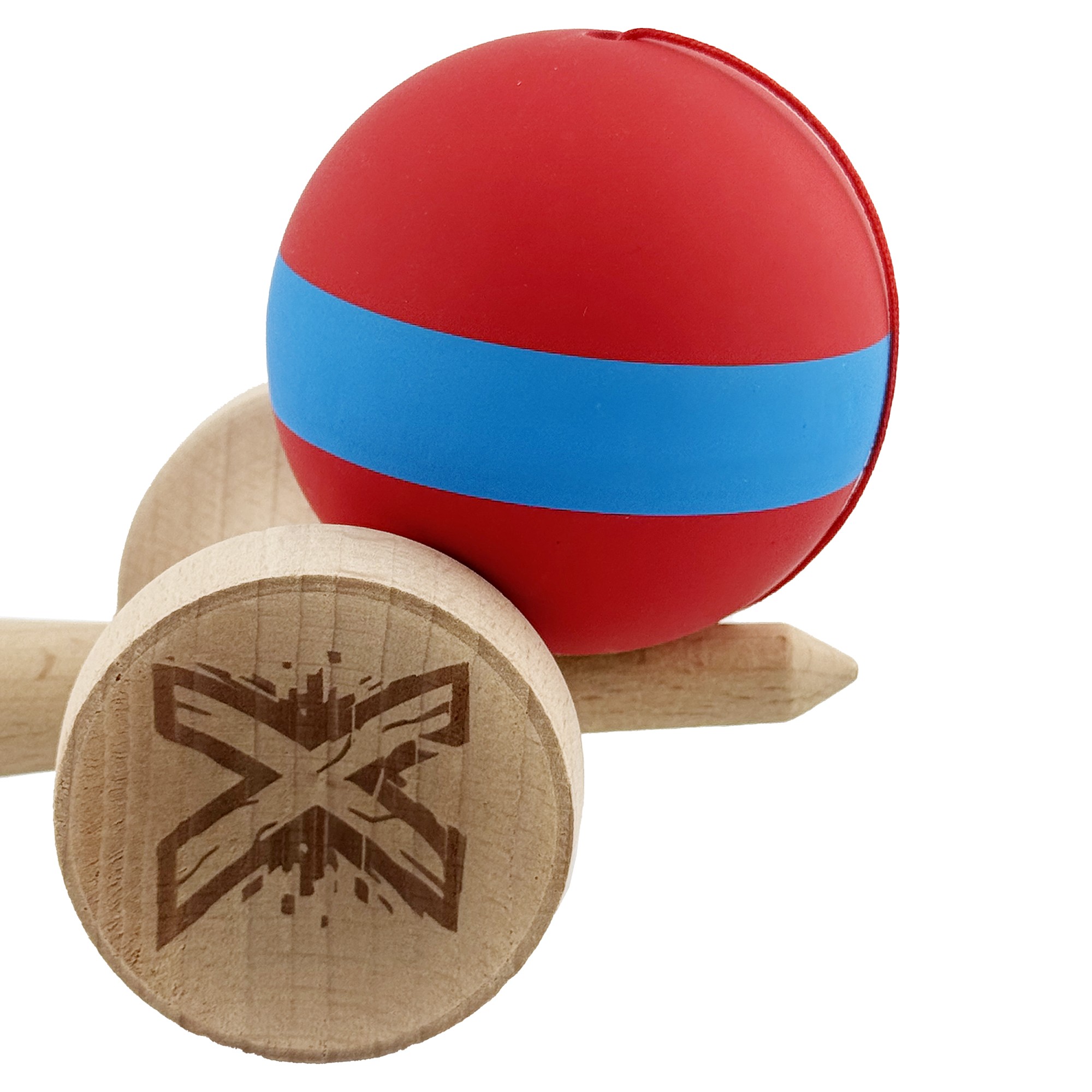 Kendama X Originala, Profesionala, Flippy, Cupe Mari KING SIZE V3, Rubber Grip, Gaura in Baza, Rulment Metalic, din lemn 18 cm, Ata 62/65 cm, M Bicolor Rosu/Albastru