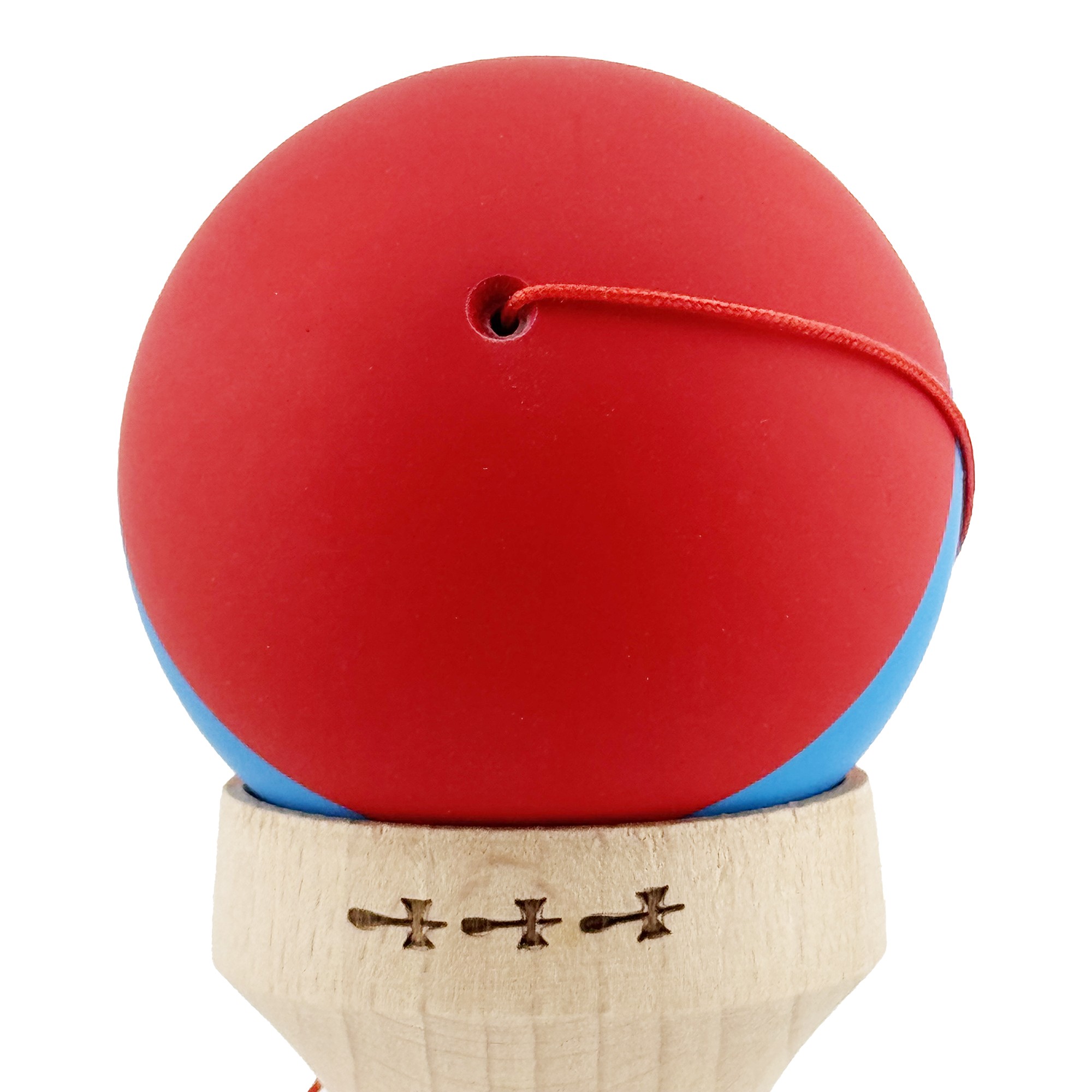 Kendama X Originala, Profesionala, Flippy, Cupe Mari KING SIZE V3, Rubber Grip, Gaura in Baza, Rulment Metalic, din lemn 18 cm, Ata 62/65 cm, M Bicolor Rosu/Albastru