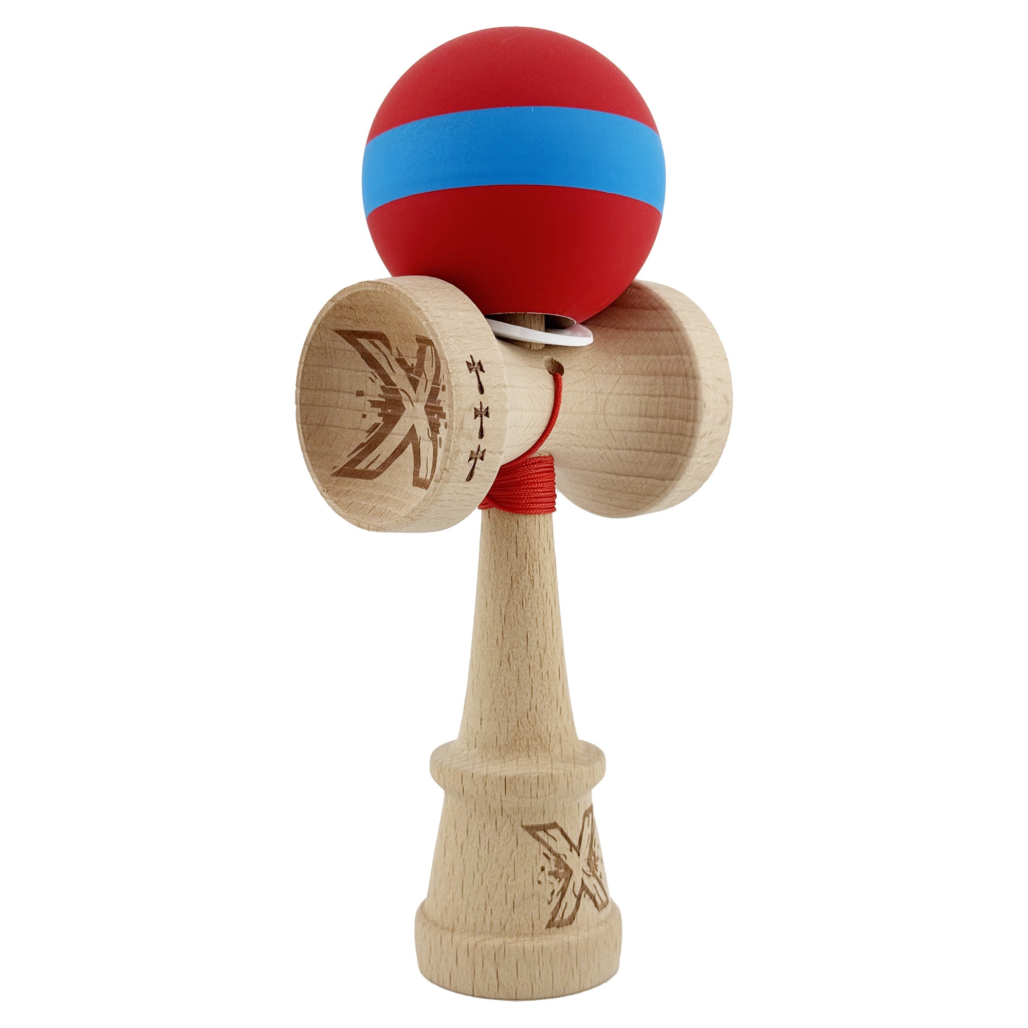 Kendama X Originala, Profesionala, Flippy, Cupe Mari KING SIZE V3, Rubber Grip, Gaura in Baza, Rulment Metalic, din lemn 18 cm, Ata 62/65 cm, M Bicolor Rosu/Albastru