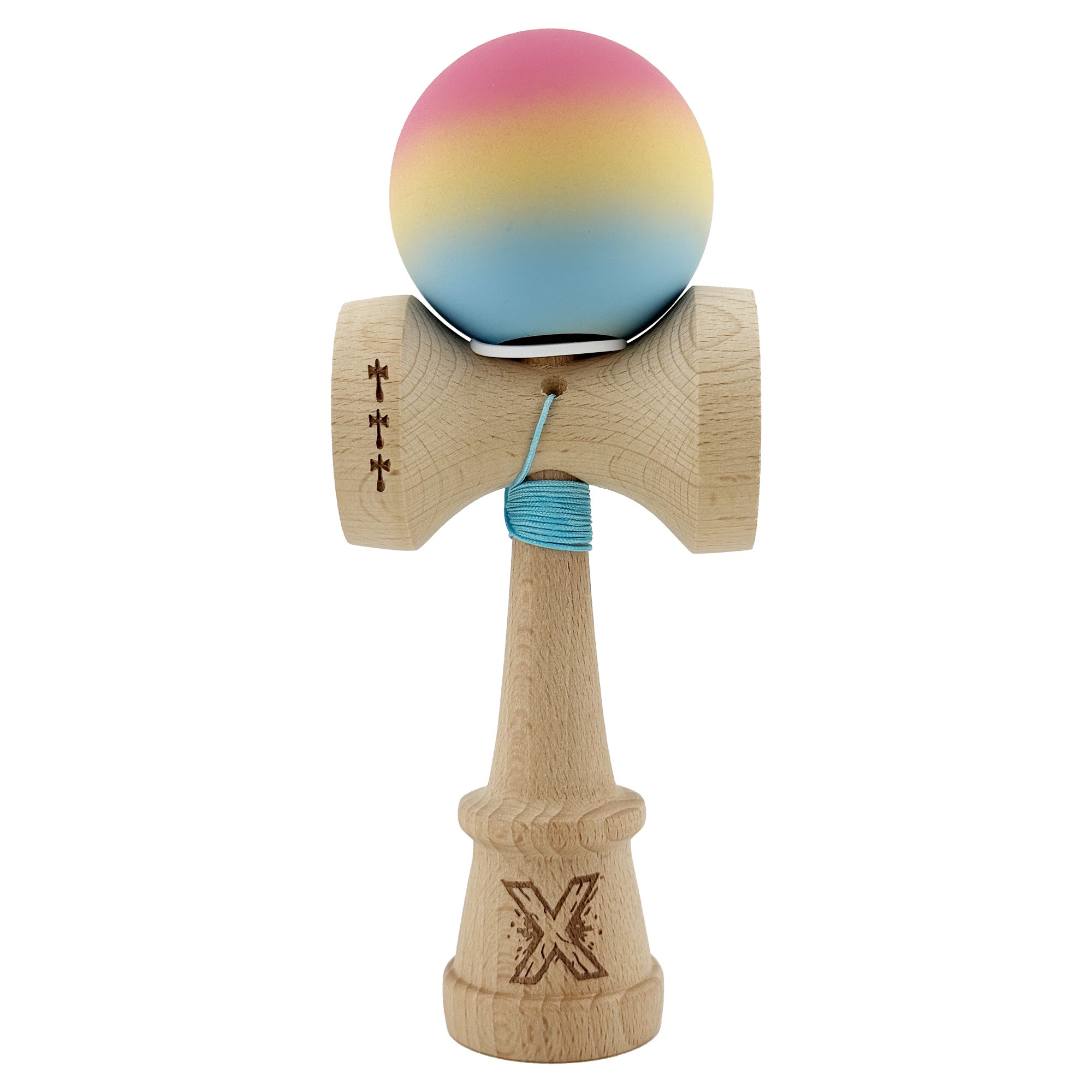 Kendama X Originala, Profesionala, Flippy, Cupe Mari KING SIZE V3, Rubber Grip, Gaura in Baza, Rulment Metalic, din lemn 18 cm, Ata 55 cm, Gradient Roz/Galben/Albastru deschis