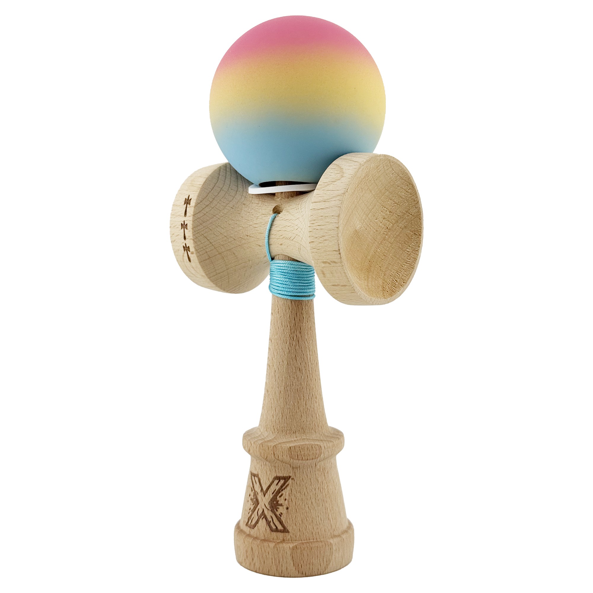 Kendama X Originala, Profesionala, Flippy, Cupe Mari KING SIZE V3, Rubber Grip, Gaura in Baza, Rulment Metalic, din lemn 18 cm, Ata 55 cm, Gradient Roz/Galben/Albastru deschis