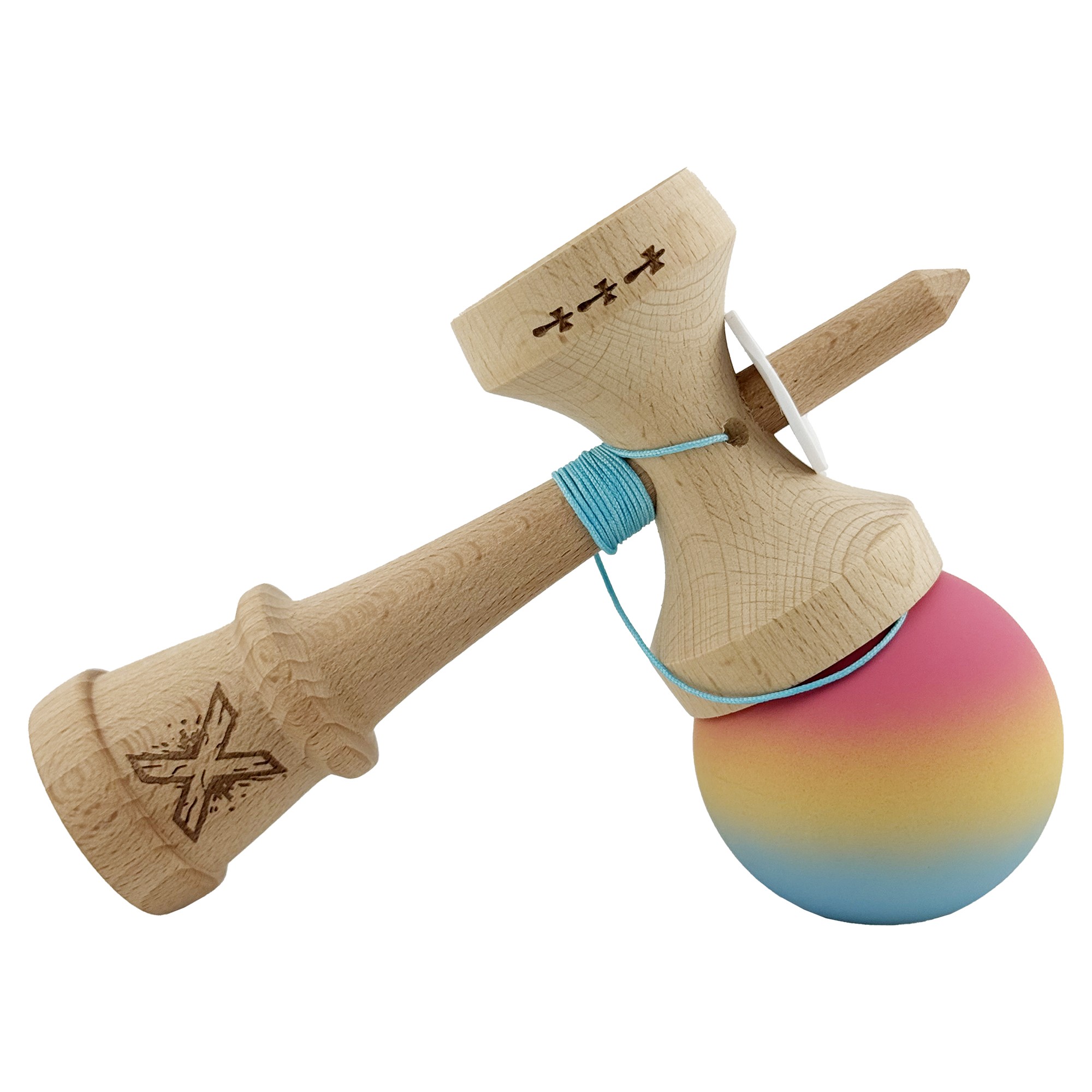 Kendama X Originala, Profesionala, Flippy, Cupe Mari KING SIZE V3, Rubber Grip, Gaura in Baza, Rulment Metalic, din lemn 18 cm, Ata 55 cm, Gradient Roz/Galben/Albastru deschis