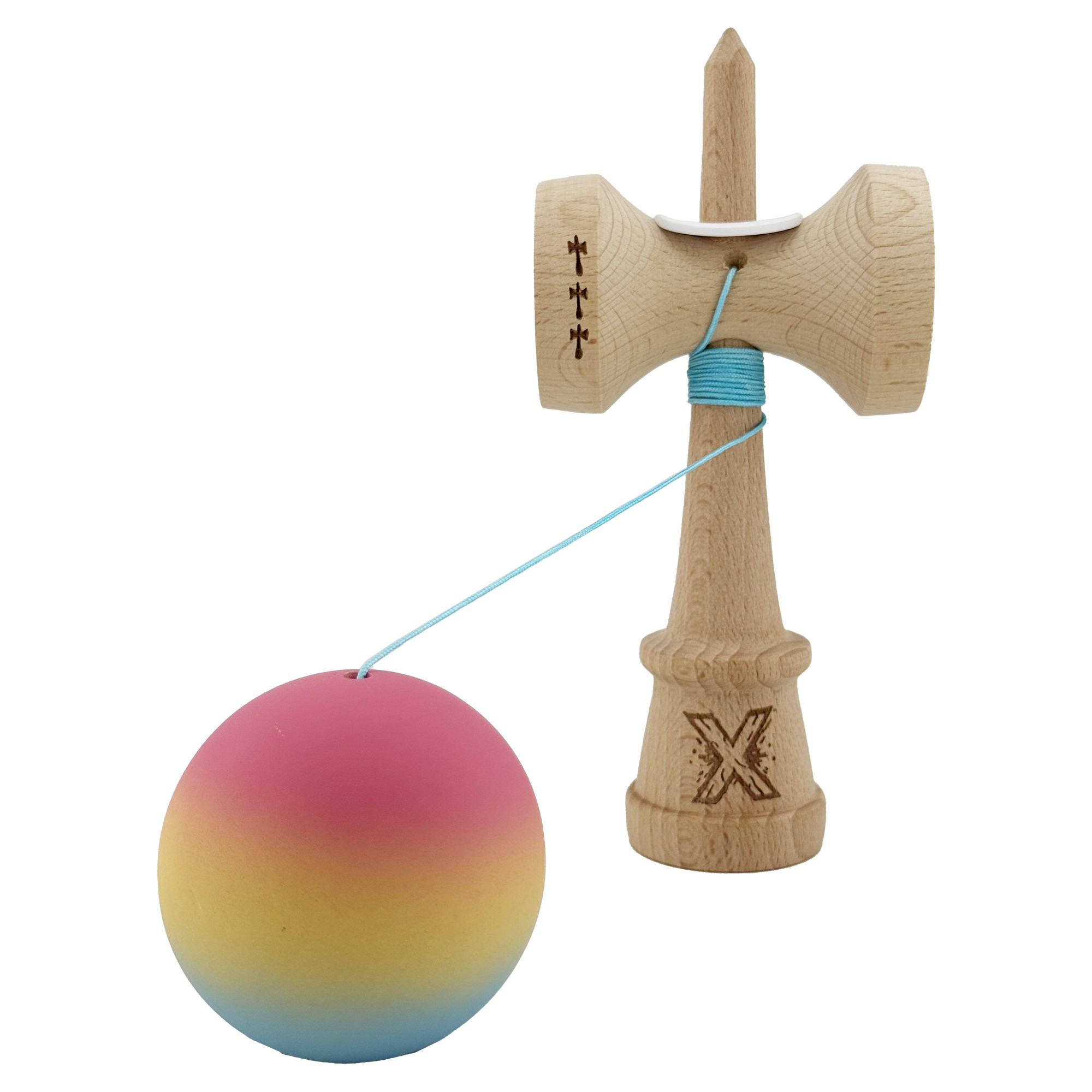 Kendama X Originala, Profesionala, Flippy, Cupe Mari KING SIZE V3, Rubber Grip, Gaura in Baza, Rulment Metalic, din lemn 18 cm, Ata 55 cm, Gradient Roz/Galben/Albastru deschis