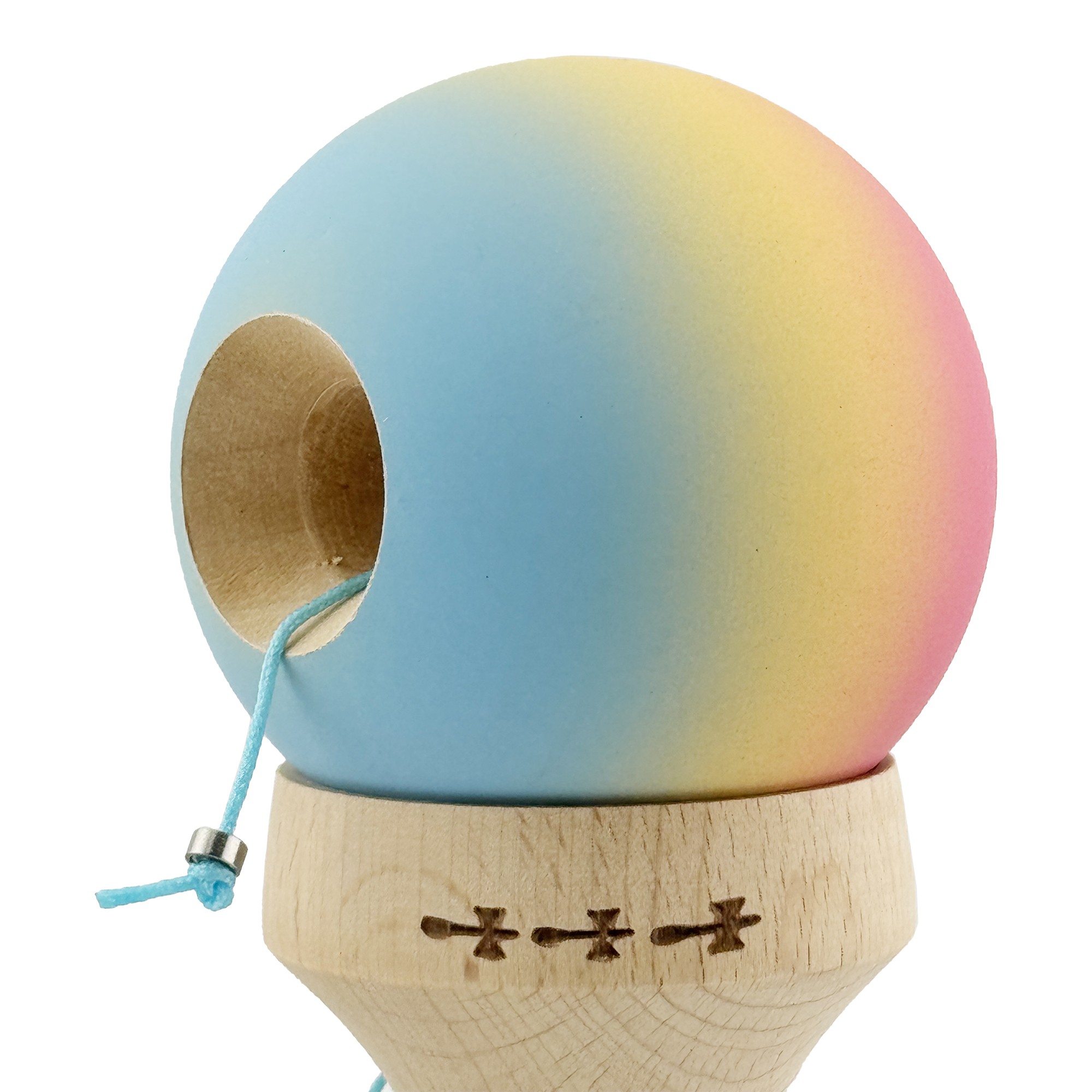 Kendama X Originala, Profesionala, Flippy, Cupe Mari KING SIZE V3, Rubber Grip, Gaura in Baza, Rulment Metalic, din lemn 18 cm, Ata 55 cm, Gradient Roz/Galben/Albastru deschis
