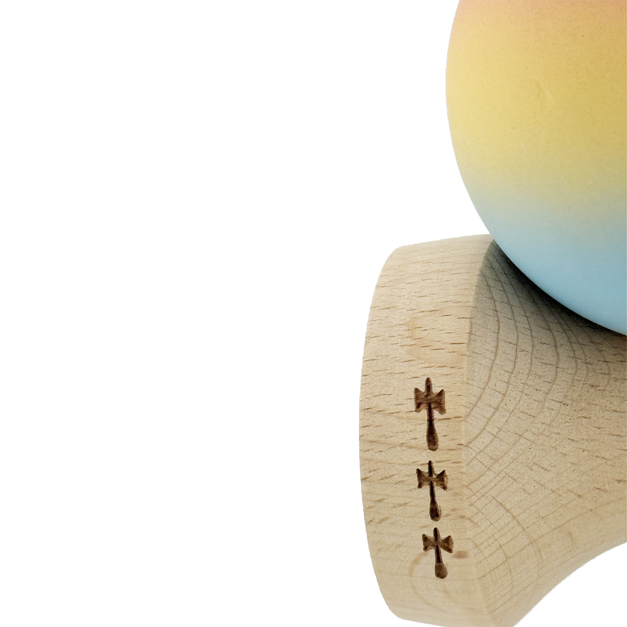 Kendama X Originala, Profesionala, Flippy, Cupe Mari KING SIZE V3, Rubber Grip, Gaura in Baza, Rulment Metalic, din lemn 18 cm, Ata 55 cm, Gradient Roz/Galben/Albastru deschis