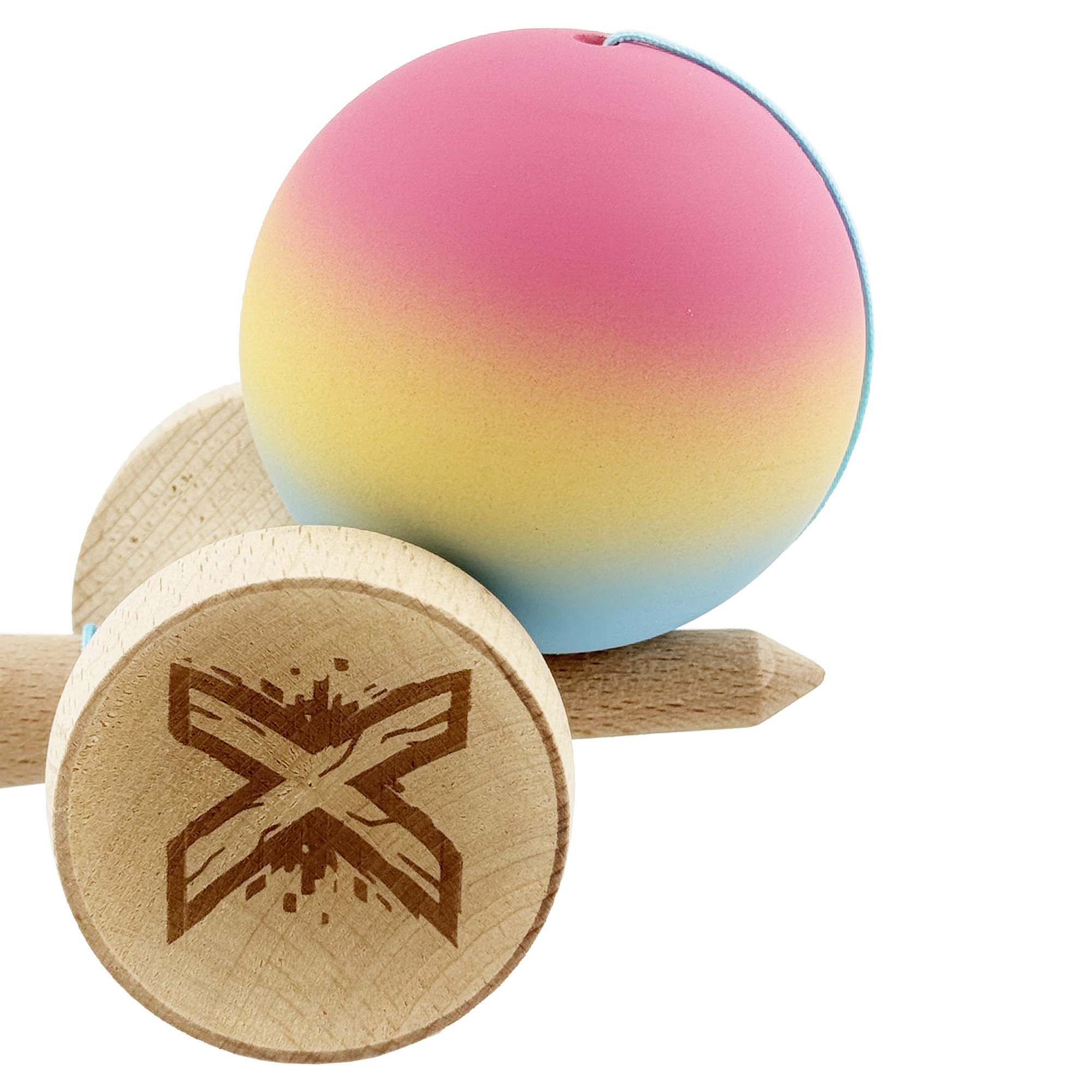 Kendama X Originala, Profesionala, Flippy, Cupe Mari KING SIZE V3, Rubber Grip, Gaura in Baza, Rulment Metalic, din lemn 18 cm, Ata 55 cm, Gradient Roz/Galben/Albastru deschis