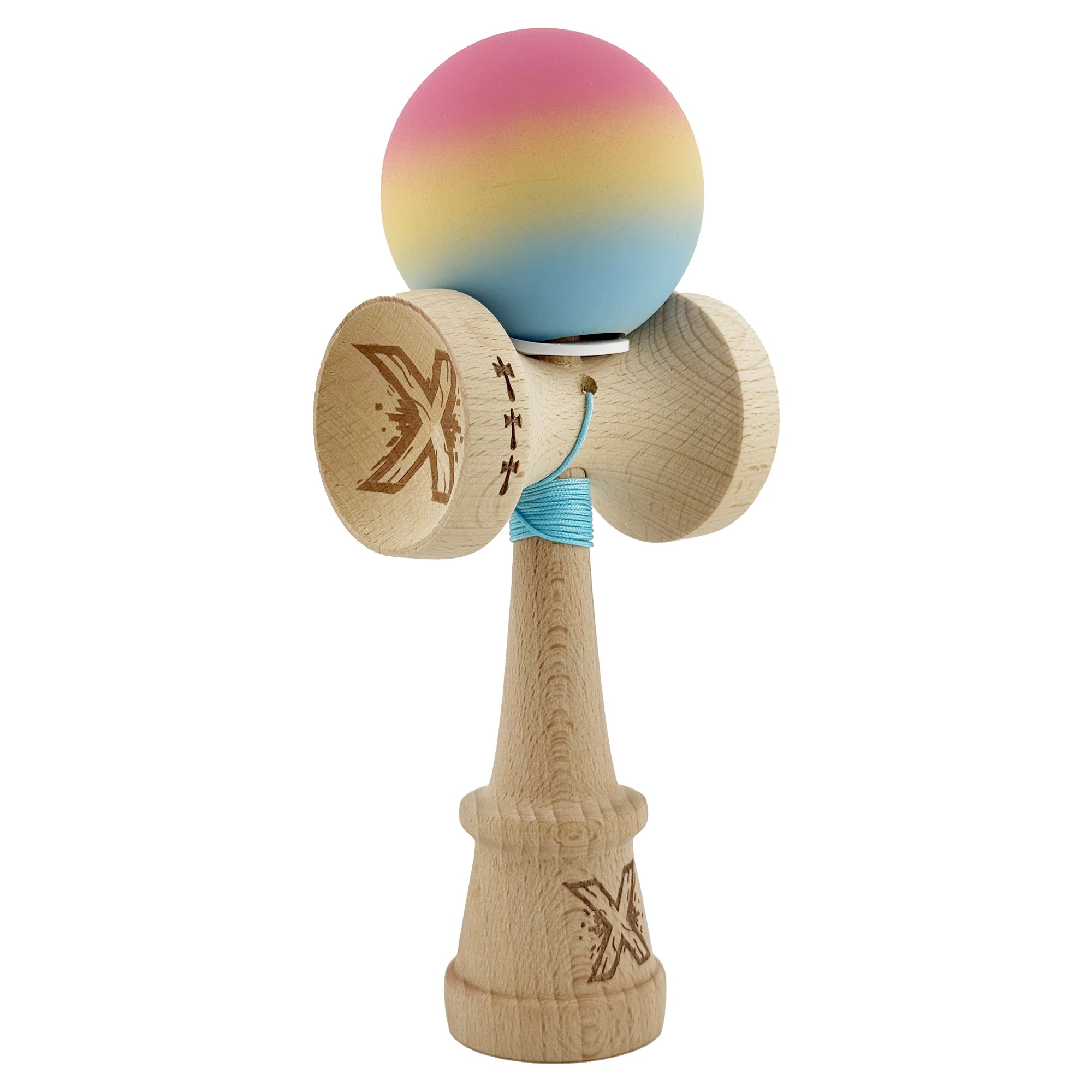 Kendama X Originala, Profesionala, Flippy, Cupe Mari KING SIZE V3, Rubber Grip, Gaura in Baza, Rulment Metalic, din lemn 18 cm, Ata 55 cm, Gradient Roz/Galben/Albastru deschis