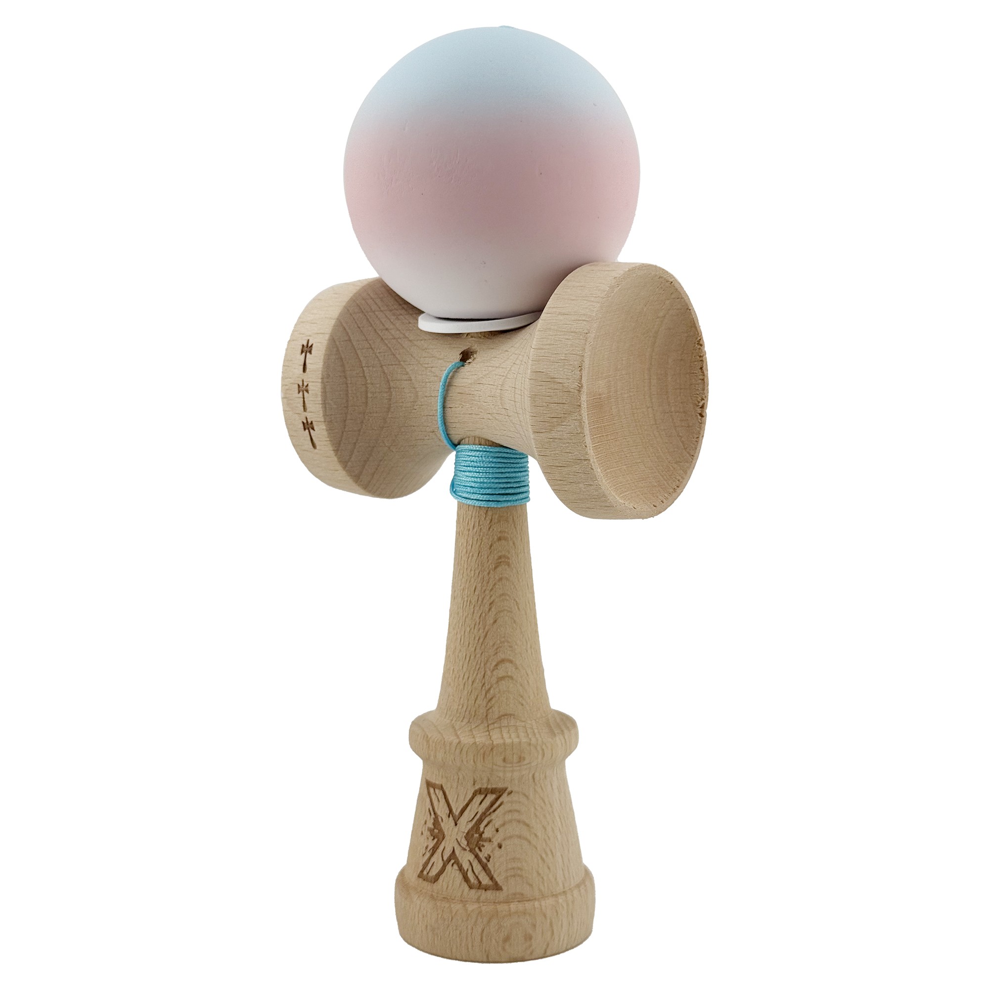 Kendama X Originala, Profesionala, Flippy, Cupe Mari KING SIZE V3, Rubber Grip, Gaura in Baza, Rulment Metalic, din lemn 18 cm, Ata 62/65 cm, Gradient Albastru deschis/Roz/Alb