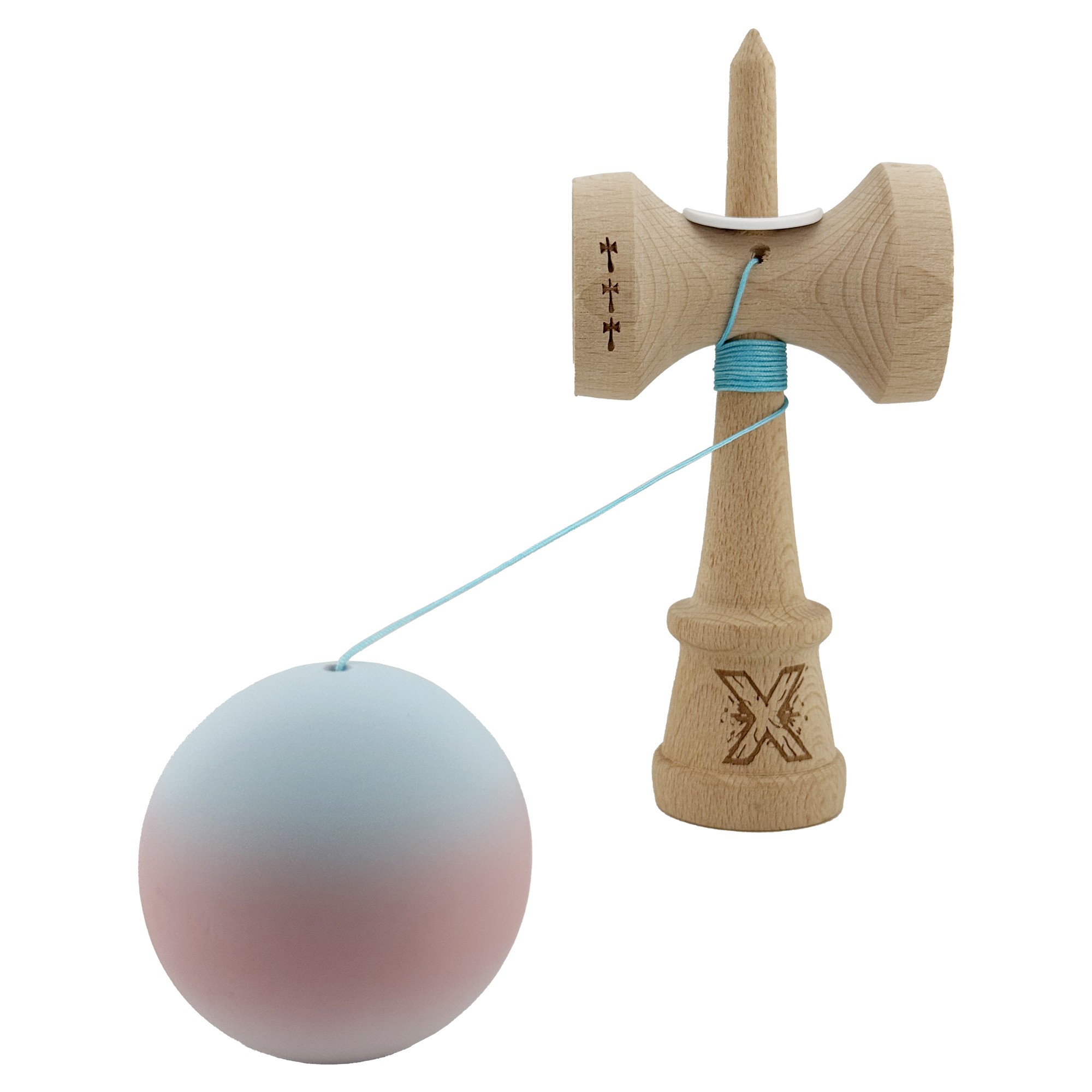 Kendama X Originala, Profesionala, Flippy, Cupe Mari KING SIZE V3, Rubber Grip, Gaura in Baza, Rulment Metalic, din lemn 18 cm, Ata 62/65 cm, Gradient Albastru deschis/Roz/Alb