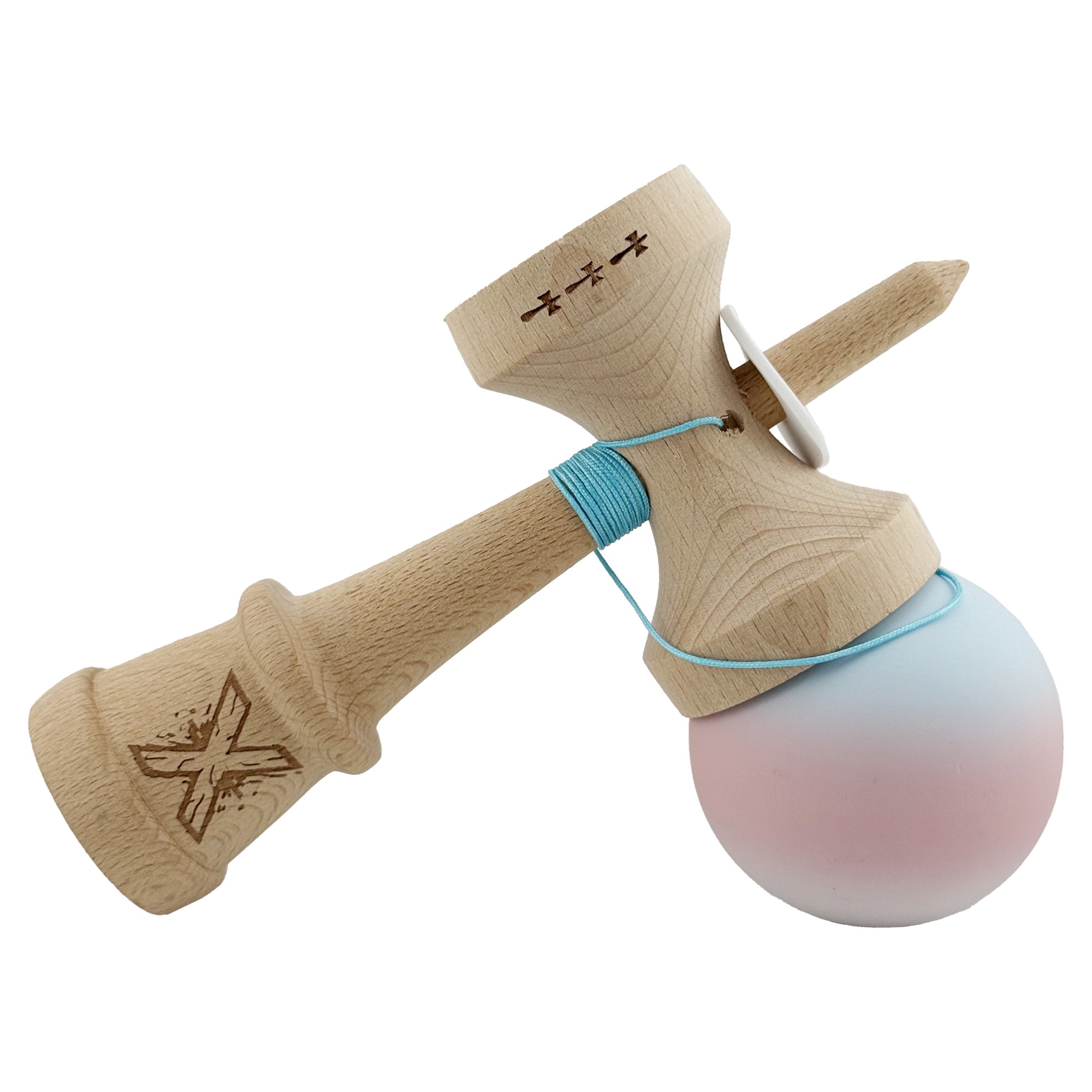 Kendama X Originala, Profesionala, Flippy, Cupe Mari KING SIZE V3, Rubber Grip, Gaura in Baza, Rulment Metalic, din lemn 18 cm, Ata 62/65 cm, Gradient Albastru deschis/Roz/Alb