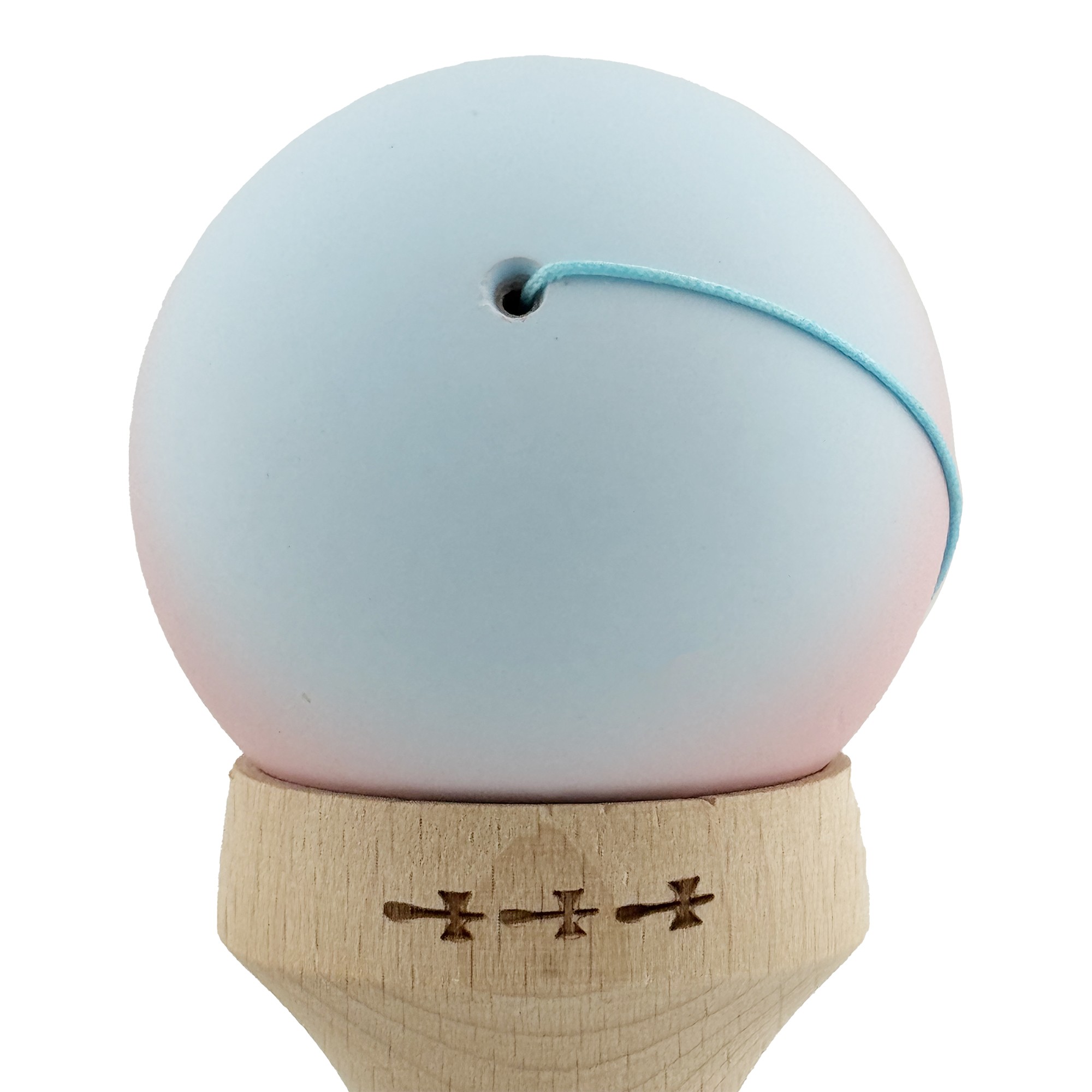 Kendama X Originala, Profesionala, Flippy, Cupe Mari KING SIZE V3, Rubber Grip, Gaura in Baza, Rulment Metalic, din lemn 18 cm, Ata 62/65 cm, Gradient Albastru deschis/Roz/Alb
