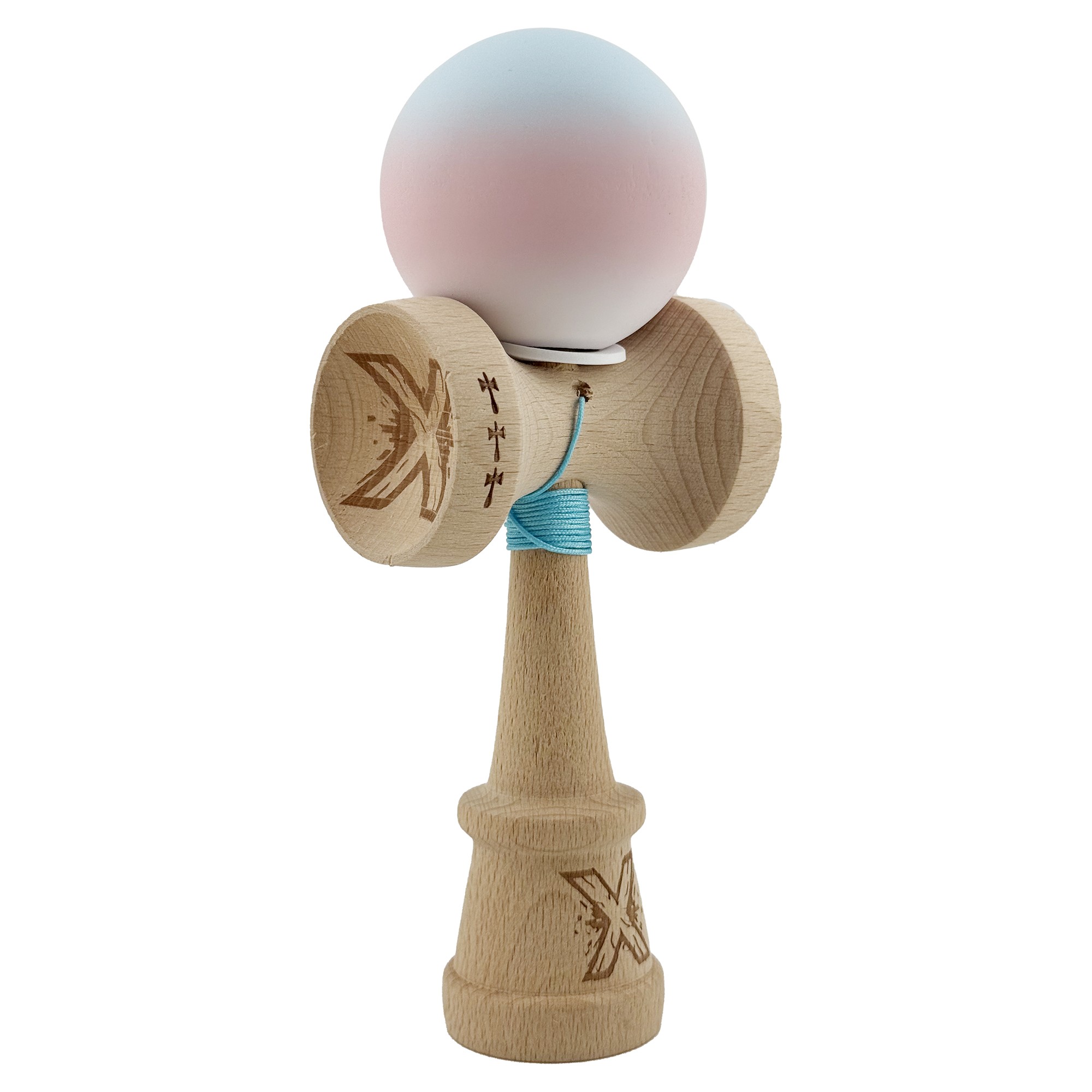 Kendama X Originala, Profesionala, Flippy, Cupe Mari KING SIZE V3, Rubber Grip, Gaura in Baza, Rulment Metalic, din lemn 18 cm, Ata 62/65 cm, Gradient Albastru deschis/Roz/Alb