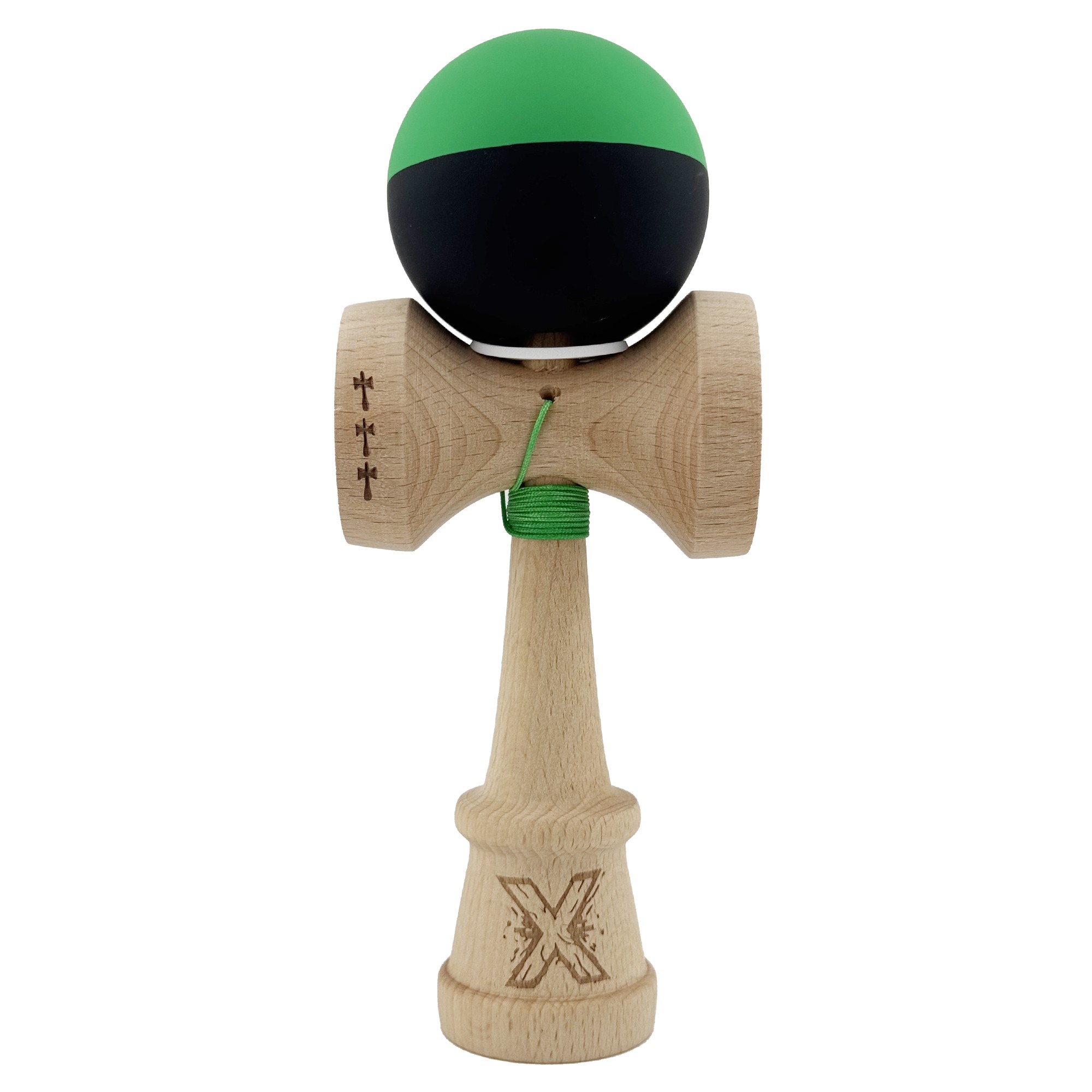 Kendama X Originala, Profesionala, Flippy, Cupe Mari KING SIZE V3, Rubber Grip, Gaura in Baza, Rulment Metalic, din lemn 18 cm, Ata 55 cm, Bicolor Verde/Negru