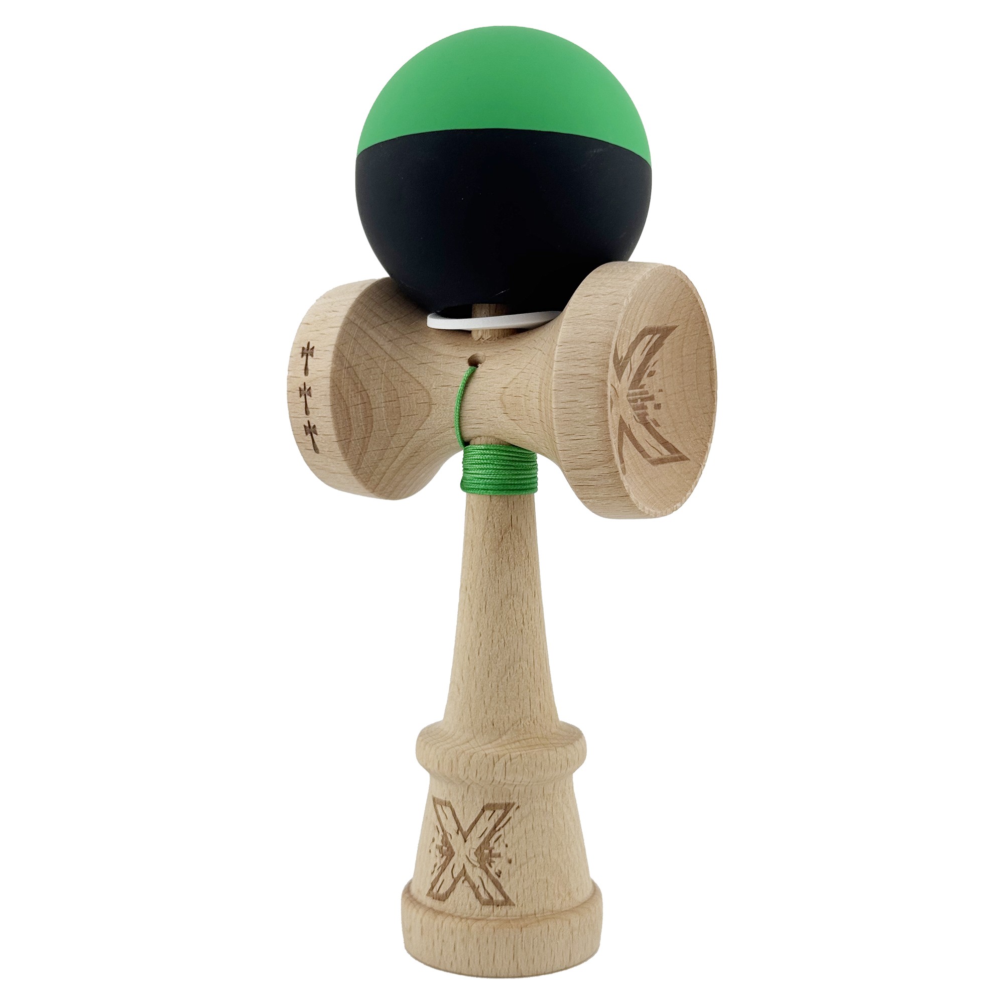 Kendama X Originala, Profesionala, Flippy, Cupe Mari KING SIZE V3, Rubber Grip, Gaura in Baza, Rulment Metalic, din lemn 18 cm, Ata 55 cm, Bicolor Verde/Negru