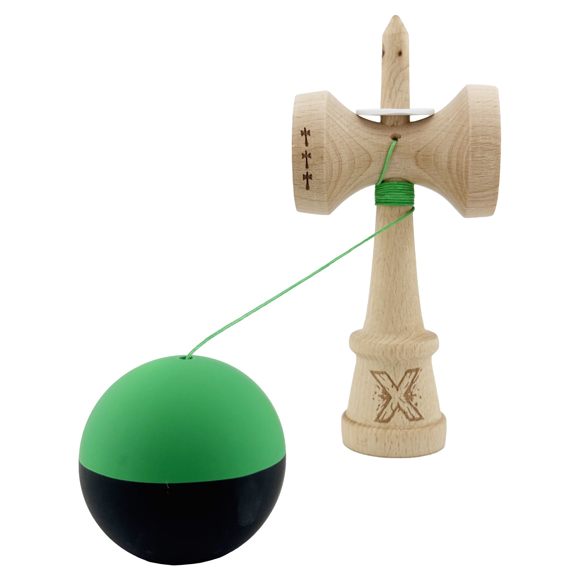 Kendama X Originala, Profesionala, Flippy, Cupe Mari KING SIZE V3, Rubber Grip, Gaura in Baza, Rulment Metalic, din lemn 18 cm, Ata 55 cm, Bicolor Verde/Negru