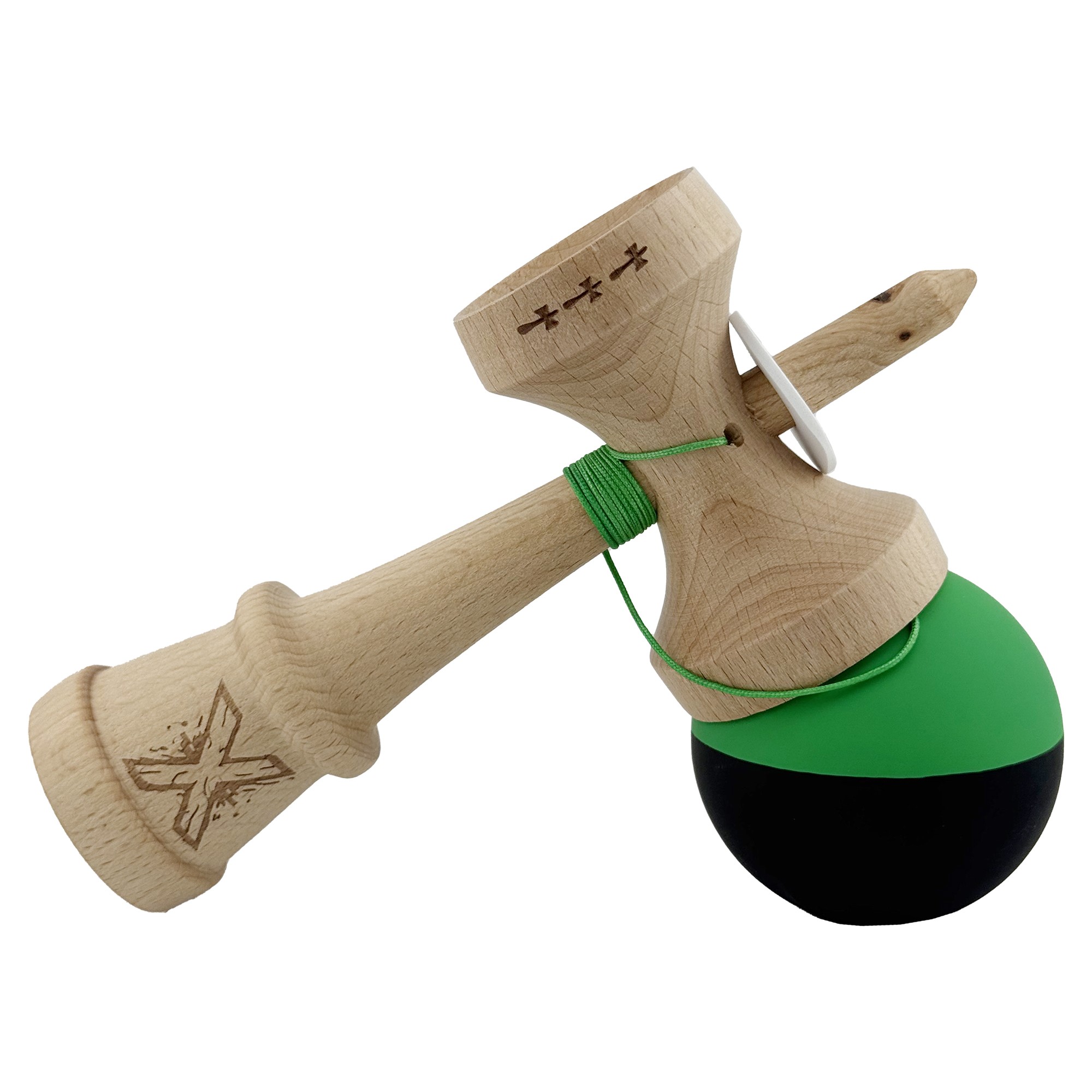 Kendama X Originala, Profesionala, Flippy, Cupe Mari KING SIZE V3, Rubber Grip, Gaura in Baza, Rulment Metalic, din lemn 18 cm, Ata 55 cm, Bicolor Verde/Negru