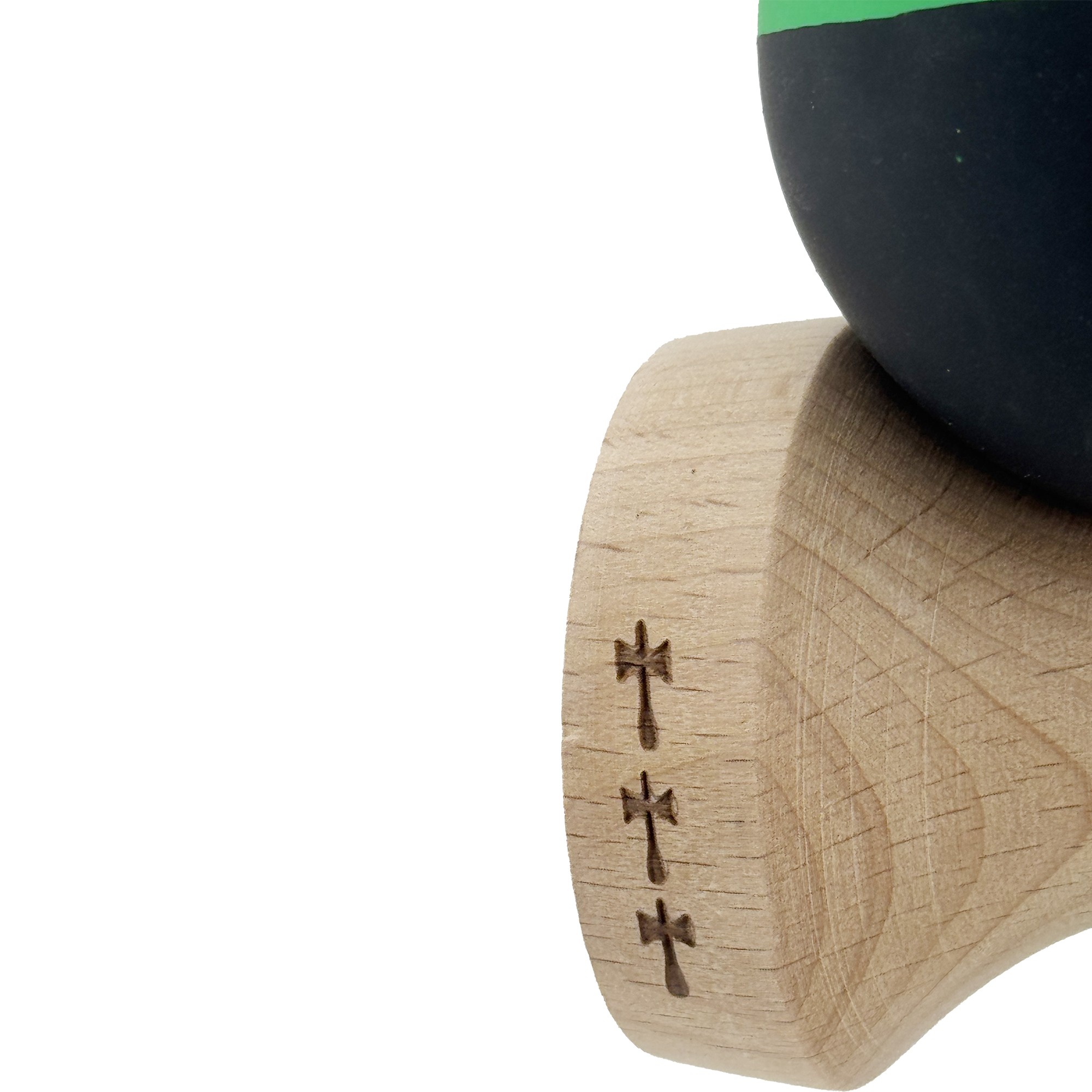 Kendama X Originala, Profesionala, Flippy, Cupe Mari KING SIZE V3, Rubber Grip, Gaura in Baza, Rulment Metalic, din lemn 18 cm, Ata 55 cm, Bicolor Verde/Negru