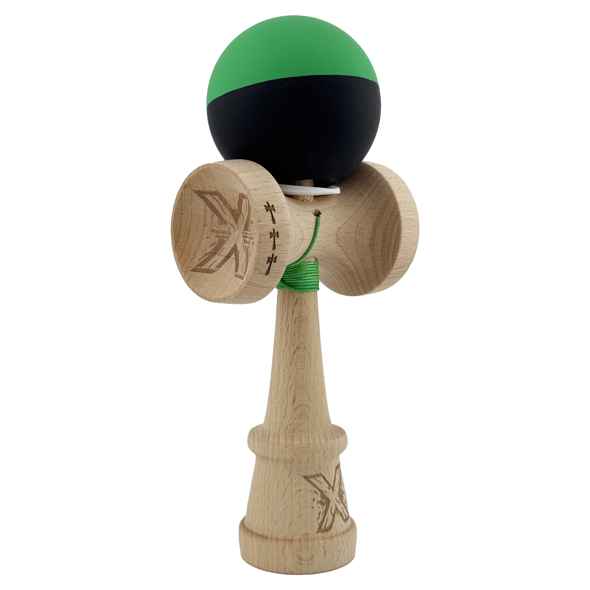 Kendama X Originala, Profesionala, Flippy, Cupe Mari KING SIZE V3, Rubber Grip, Gaura in Baza, Rulment Metalic, din lemn 18 cm, Ata 55 cm, Bicolor Verde/Negru