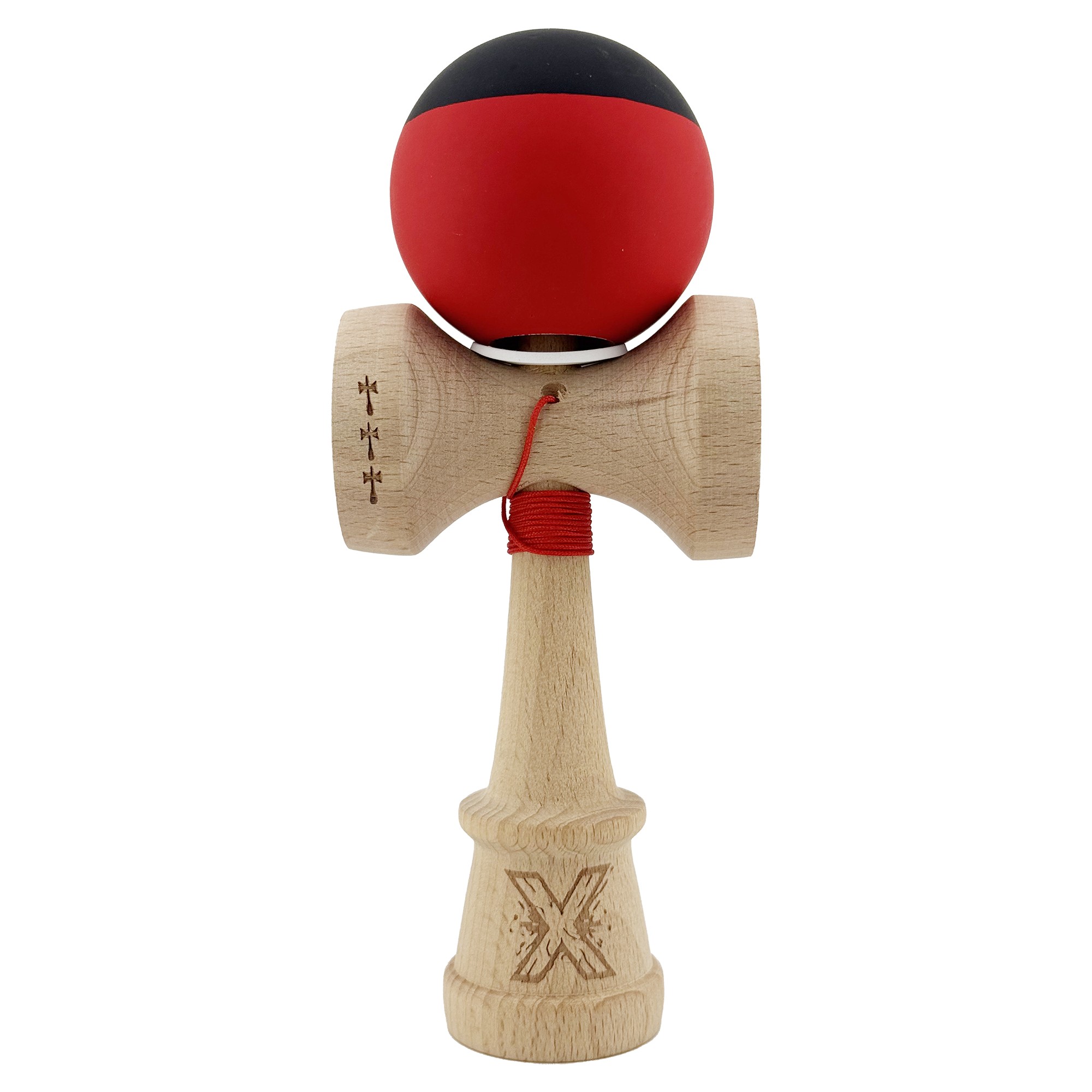 Kendama X Originala, Profesionala, Flippy, Cupe Mari KING SIZE V3, Rubber Grip, Gaura in Baza, Rulment Metalic, din lemn 18 cm, Ata 55 cm, Bicolor Negru/Rosu