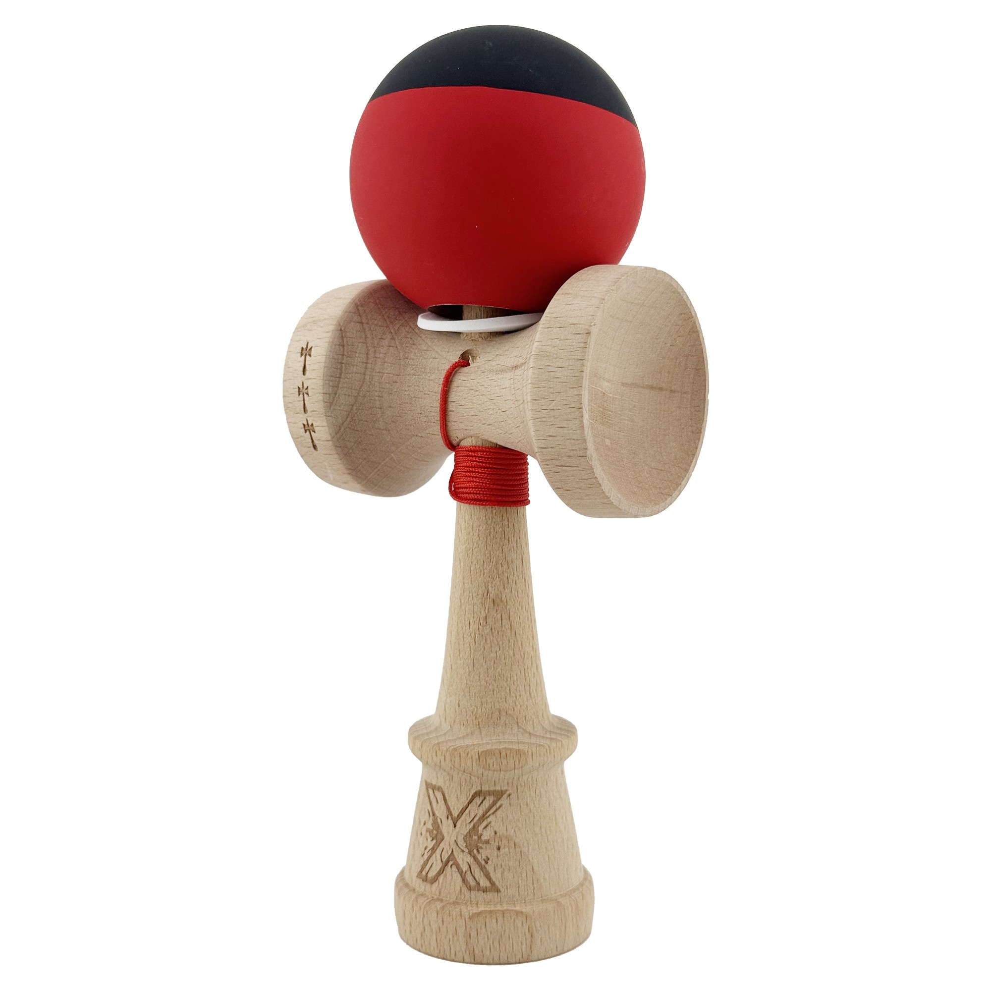 Kendama X Originala, Profesionala, Flippy, Cupe Mari KING SIZE V3, Rubber Grip, Gaura in Baza, Rulment Metalic, din lemn 18 cm, Ata 55 cm, Bicolor Negru/Rosu