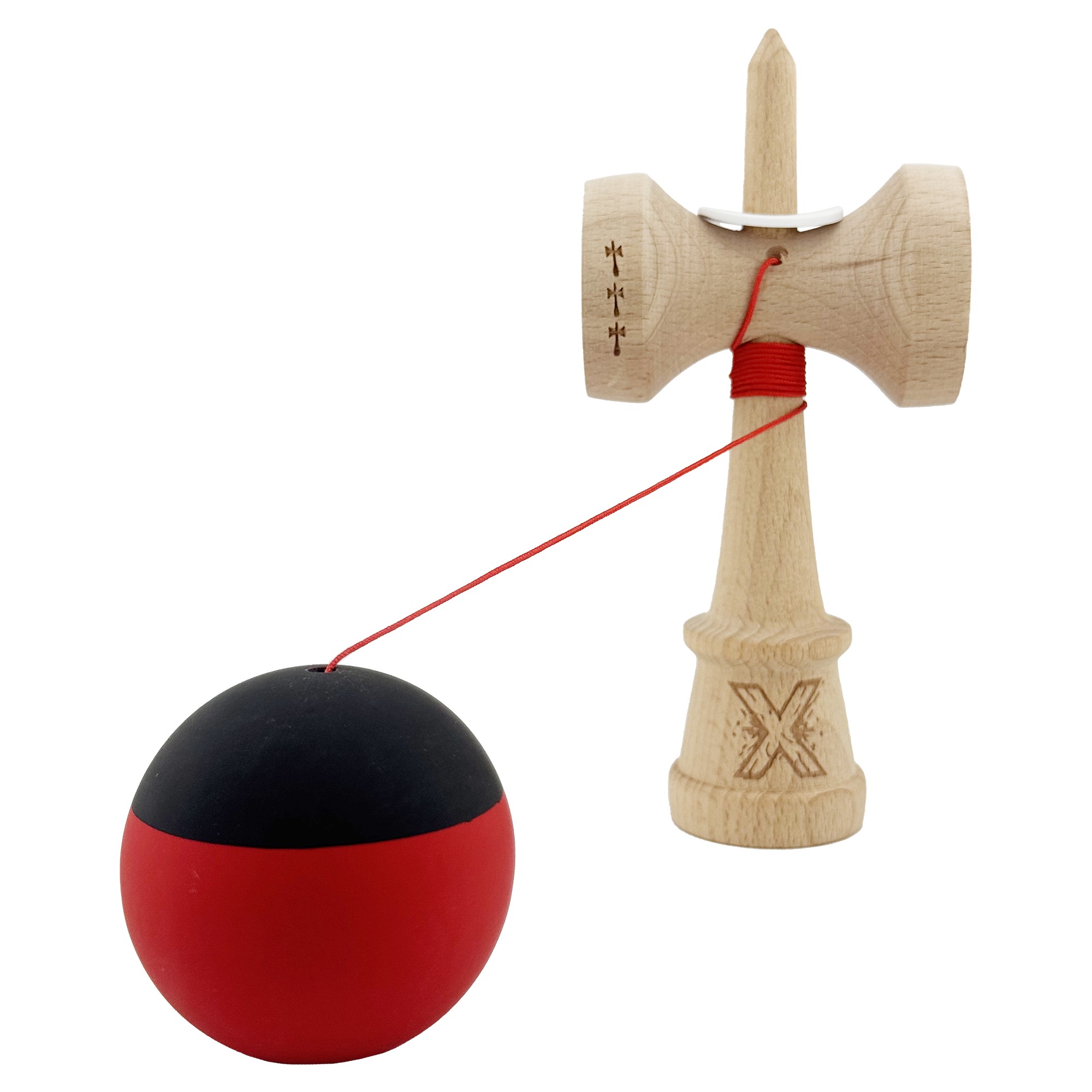 Kendama X Originala, Profesionala, Flippy, Cupe Mari KING SIZE V3, Rubber Grip, Gaura in Baza, Rulment Metalic, din lemn 18 cm, Ata 55 cm, Bicolor Negru/Rosu