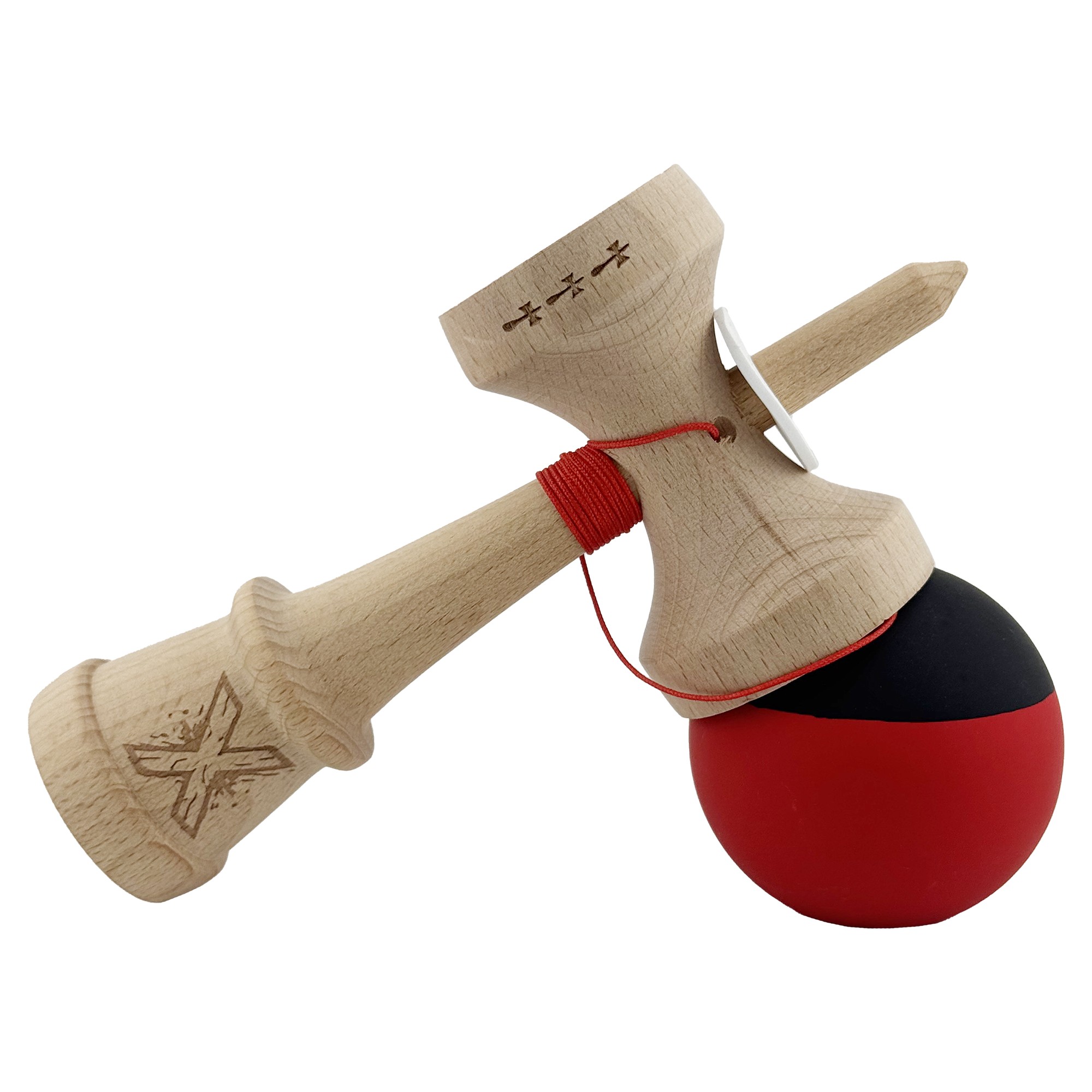 Kendama X Originala, Profesionala, Flippy, Cupe Mari KING SIZE V3, Rubber Grip, Gaura in Baza, Rulment Metalic, din lemn 18 cm, Ata 55 cm, Bicolor Negru/Rosu