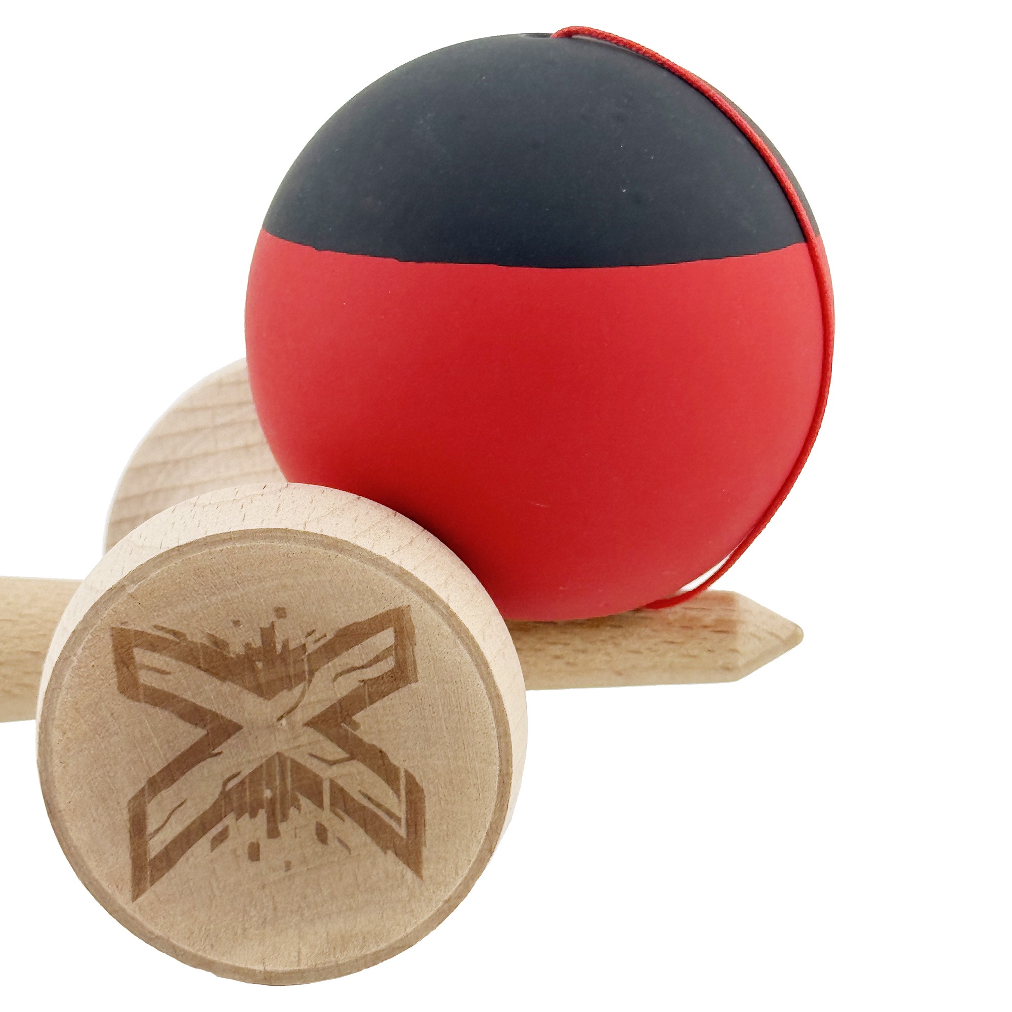 Kendama X Originala, Profesionala, Flippy, Cupe Mari KING SIZE V3, Rubber Grip, Gaura in Baza, Rulment Metalic, din lemn 18 cm, Ata 55 cm, Bicolor Negru/Rosu