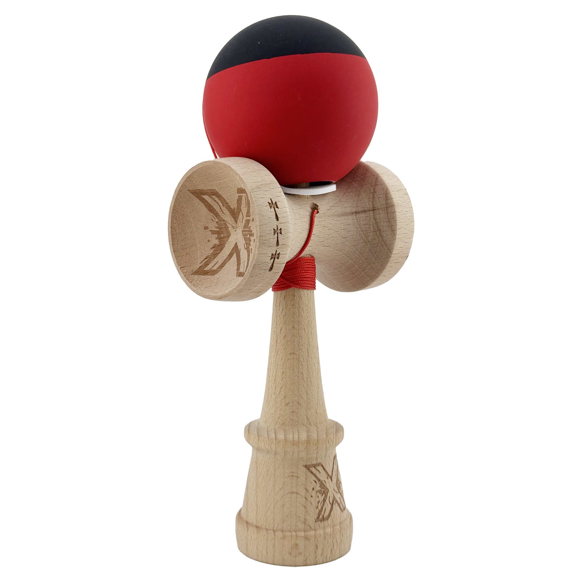 Kendama X Originala, Profesionala, Flippy, Cupe Mari KING SIZE V3, Rubber Grip, Gaura in Baza, Rulment Metalic, din lemn 18 cm, Ata 55 cm, Bicolor Negru/Rosu