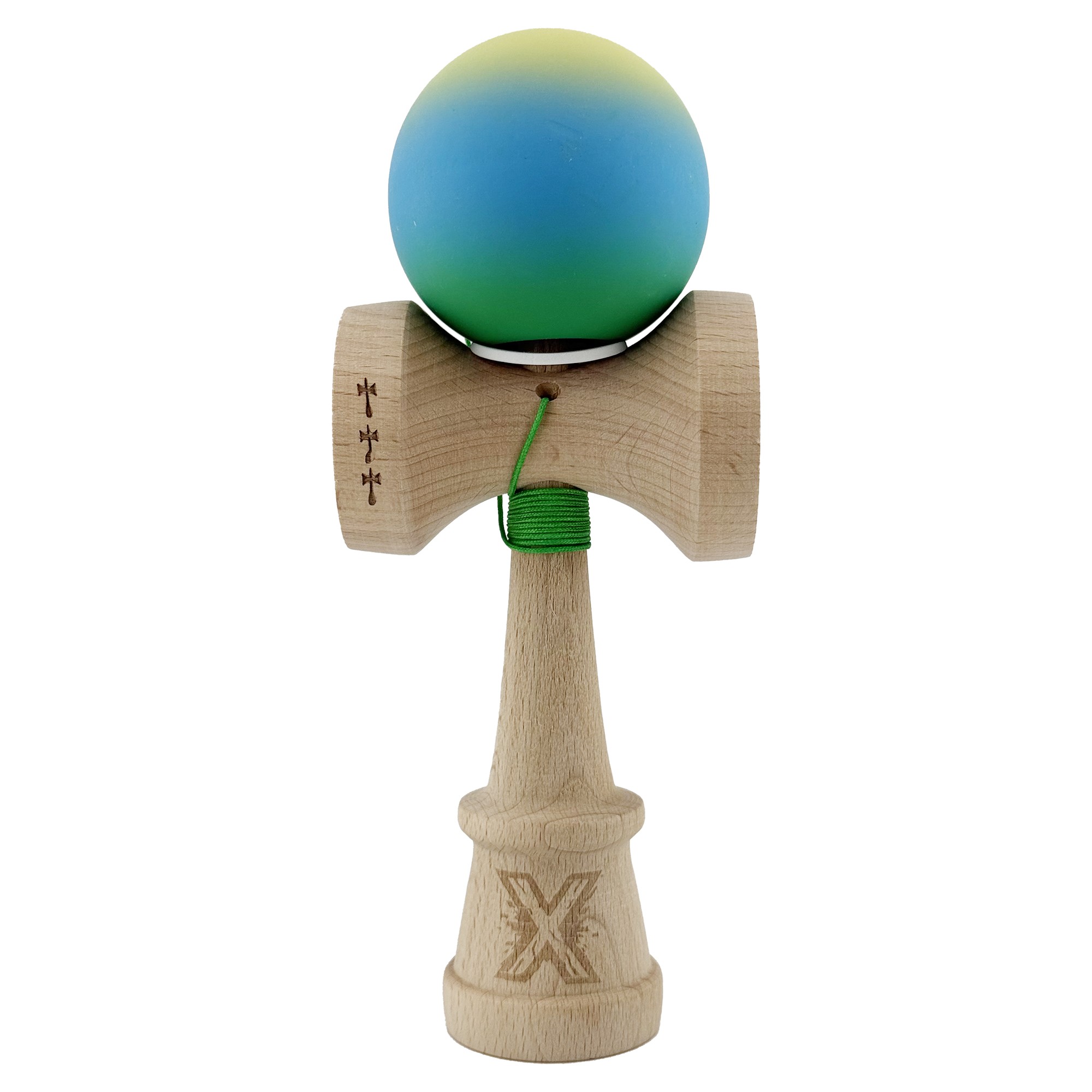 Kendama X Originala, Profesionala, Flippy, Cupe Mari KING SIZE V3, Rubber Grip, Gaura in Baza, Rulment Metalic, din lemn 18 cm, Ata 55 cm, Gradient Galben/Albastru/Verde