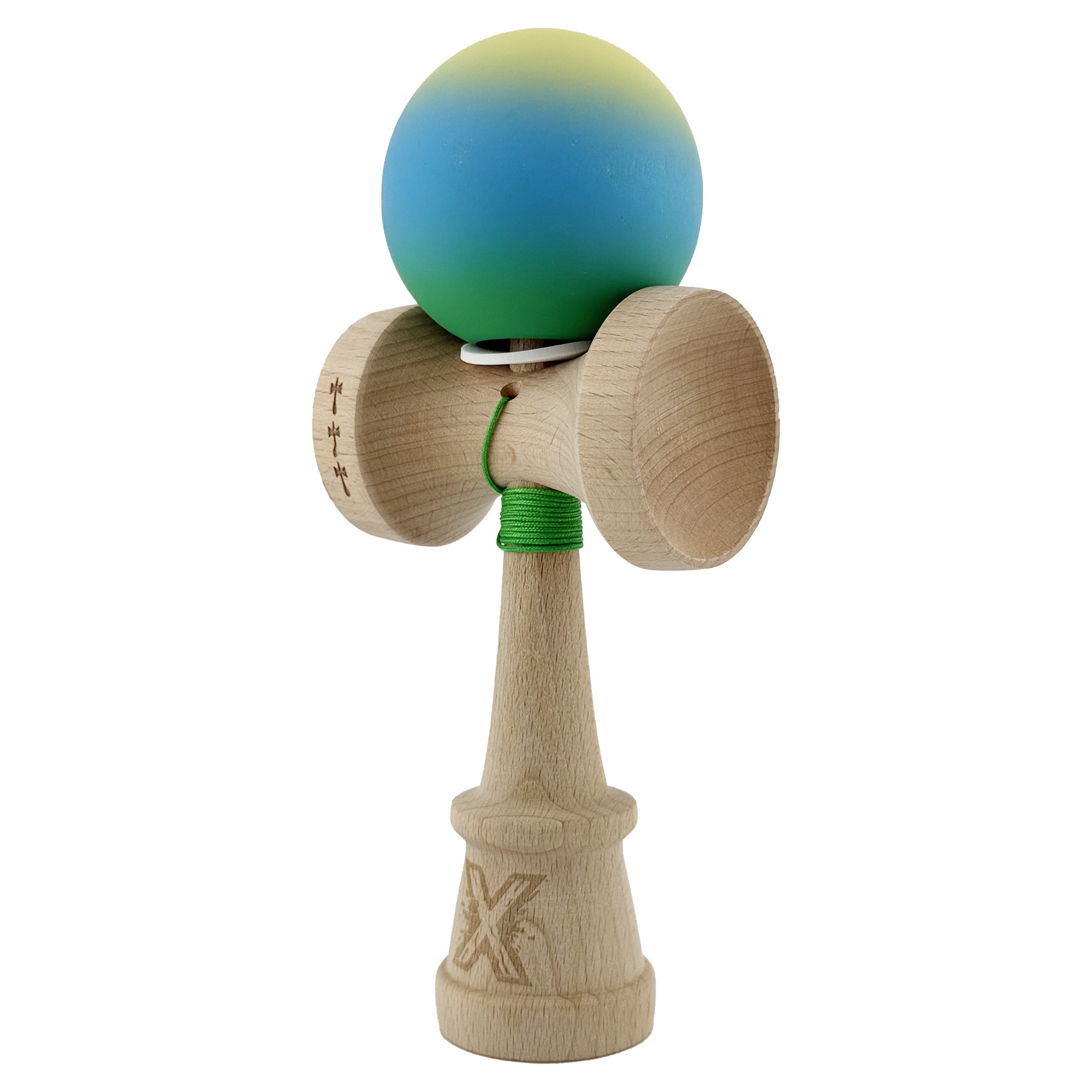 Kendama X Originala, Profesionala, Flippy, Cupe Mari KING SIZE V3, Rubber Grip, Gaura in Baza, Rulment Metalic, din lemn 18 cm, Ata 55 cm, Gradient Galben/Albastru/Verde