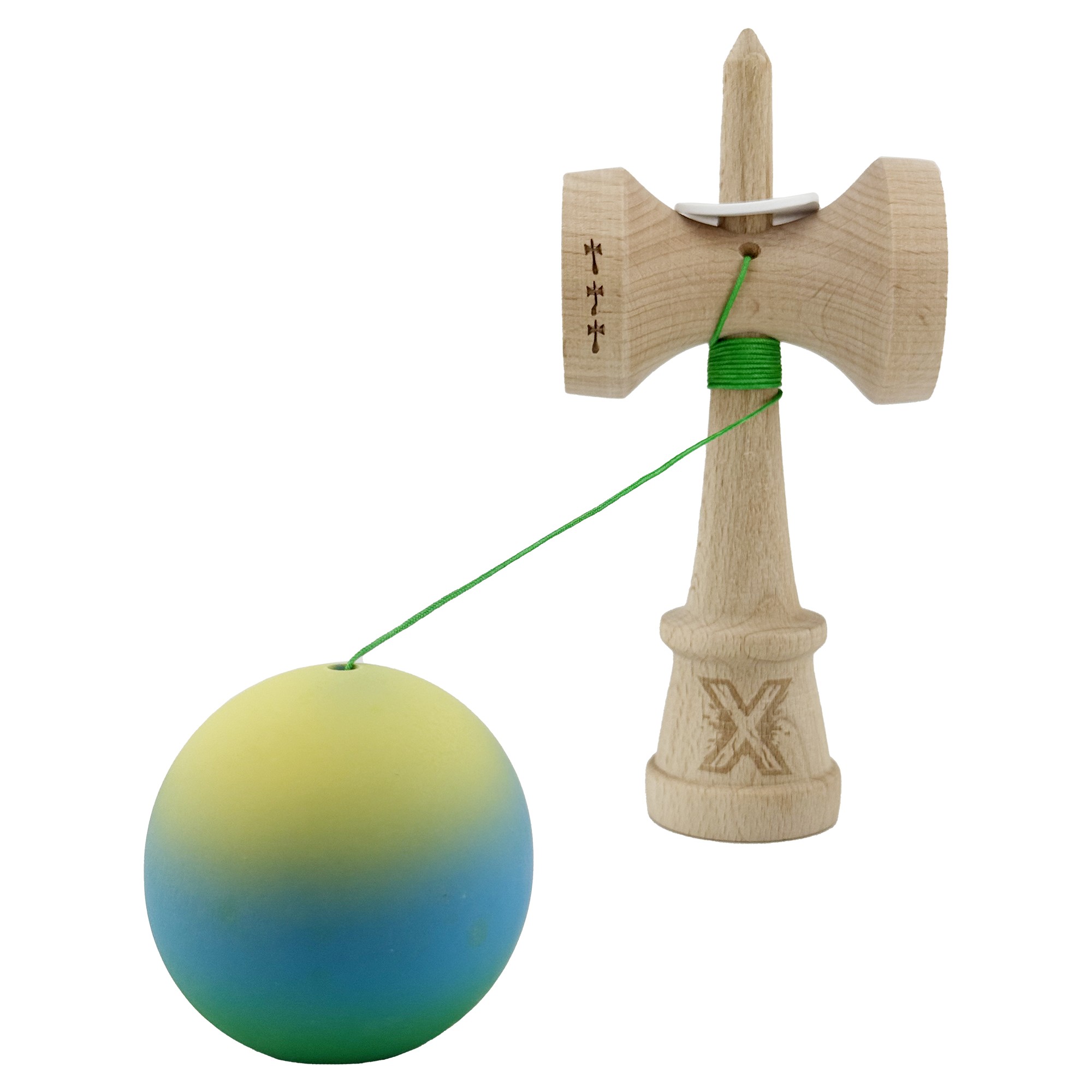 Kendama X Originala, Profesionala, Flippy, Cupe Mari KING SIZE V3, Rubber Grip, Gaura in Baza, Rulment Metalic, din lemn 18 cm, Ata 55 cm, Gradient Galben/Albastru/Verde