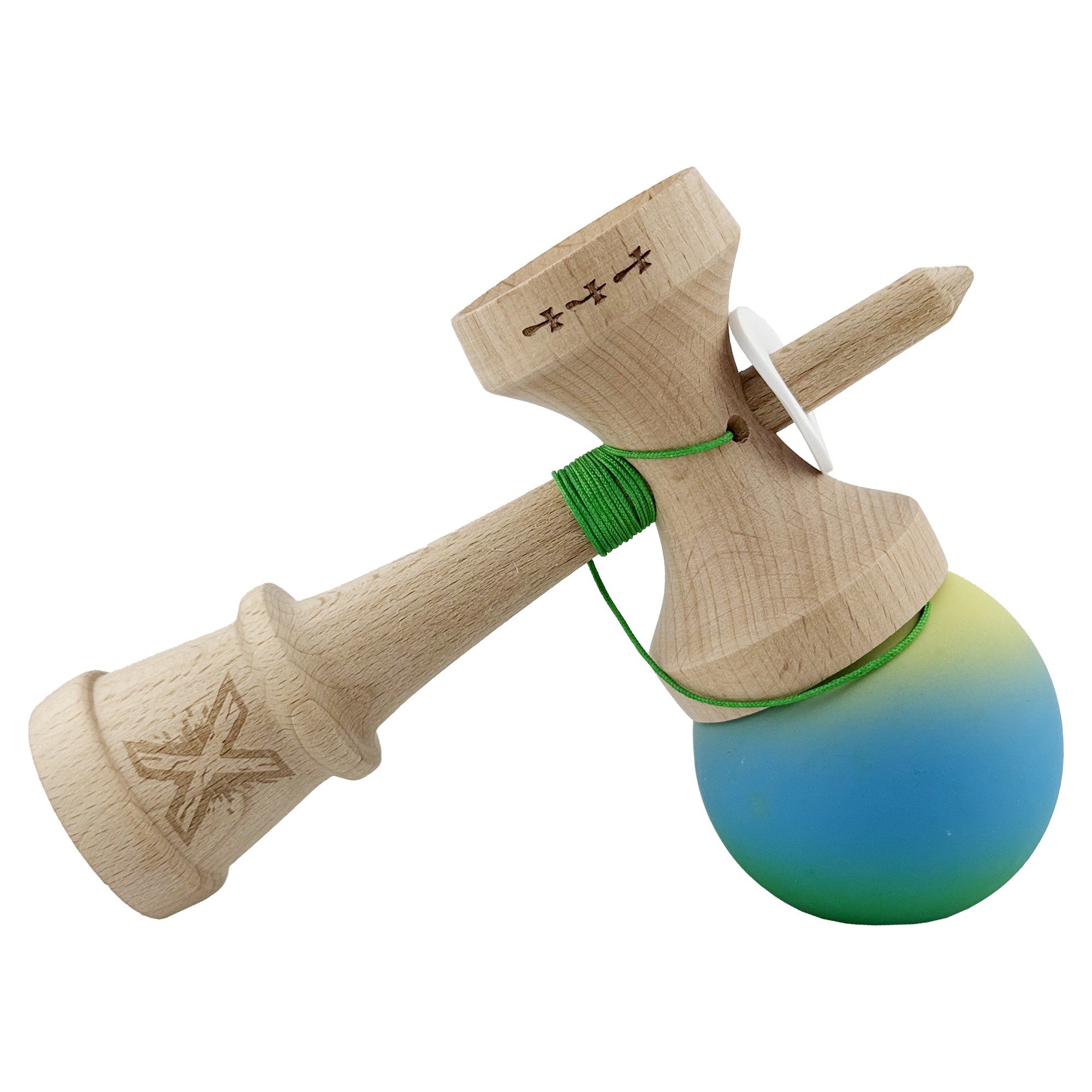 Kendama X Originala, Profesionala, Flippy, Cupe Mari KING SIZE V3, Rubber Grip, Gaura in Baza, Rulment Metalic, din lemn 18 cm, Ata 55 cm, Gradient Galben/Albastru/Verde