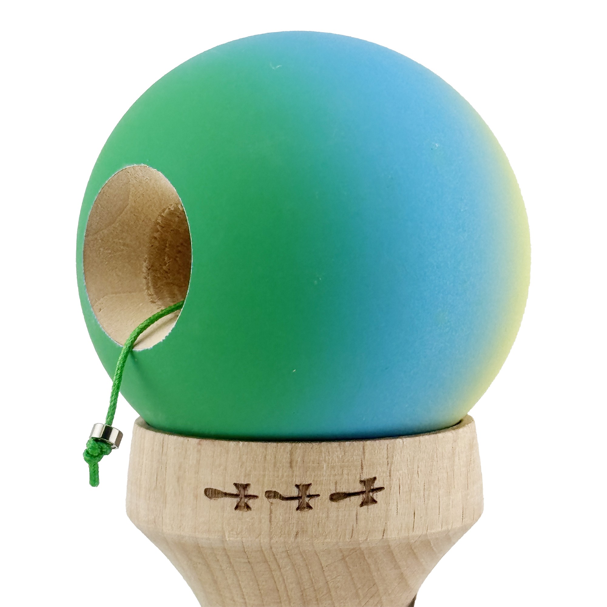 Kendama X Originala, Profesionala, Flippy, Cupe Mari KING SIZE V3, Rubber Grip, Gaura in Baza, Rulment Metalic, din lemn 18 cm, Ata 55 cm, Gradient Galben/Albastru/Verde