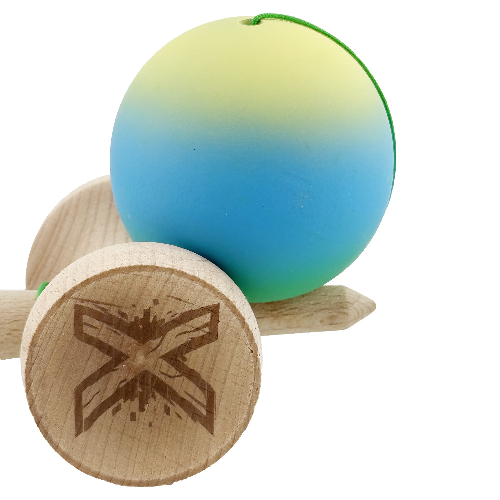 Kendama X Originala, Profesionala, Flippy, Cupe Mari KING SIZE V3, Rubber Grip, Gaura in Baza, Rulment Metalic, din lemn 18 cm, Ata 55 cm, Gradient Galben/Albastru/Verde