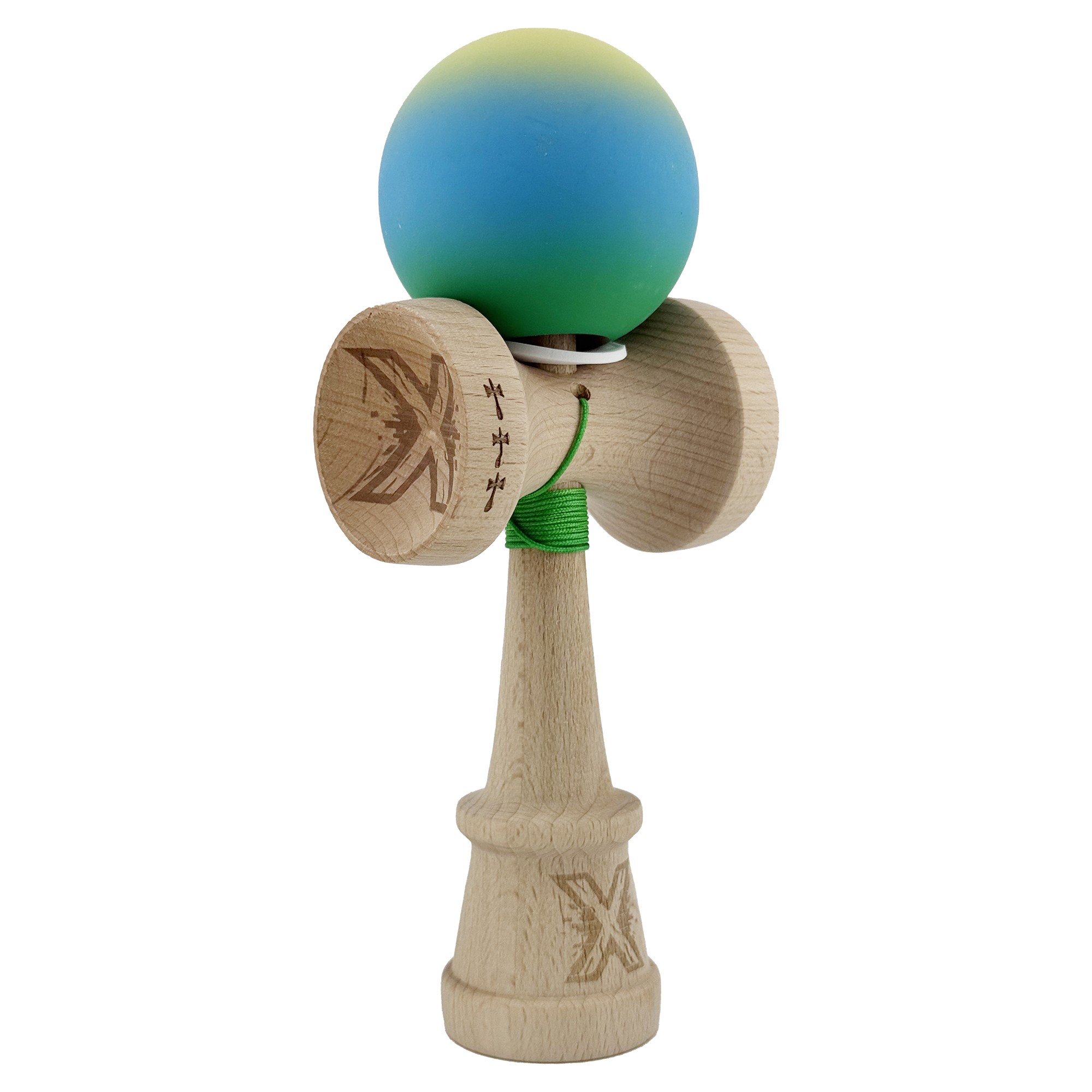 Kendama X Originala, Profesionala, Flippy, Cupe Mari KING SIZE V3, Rubber Grip, Gaura in Baza, Rulment Metalic, din lemn 18 cm, Ata 55 cm, Gradient Galben/Albastru/Verde