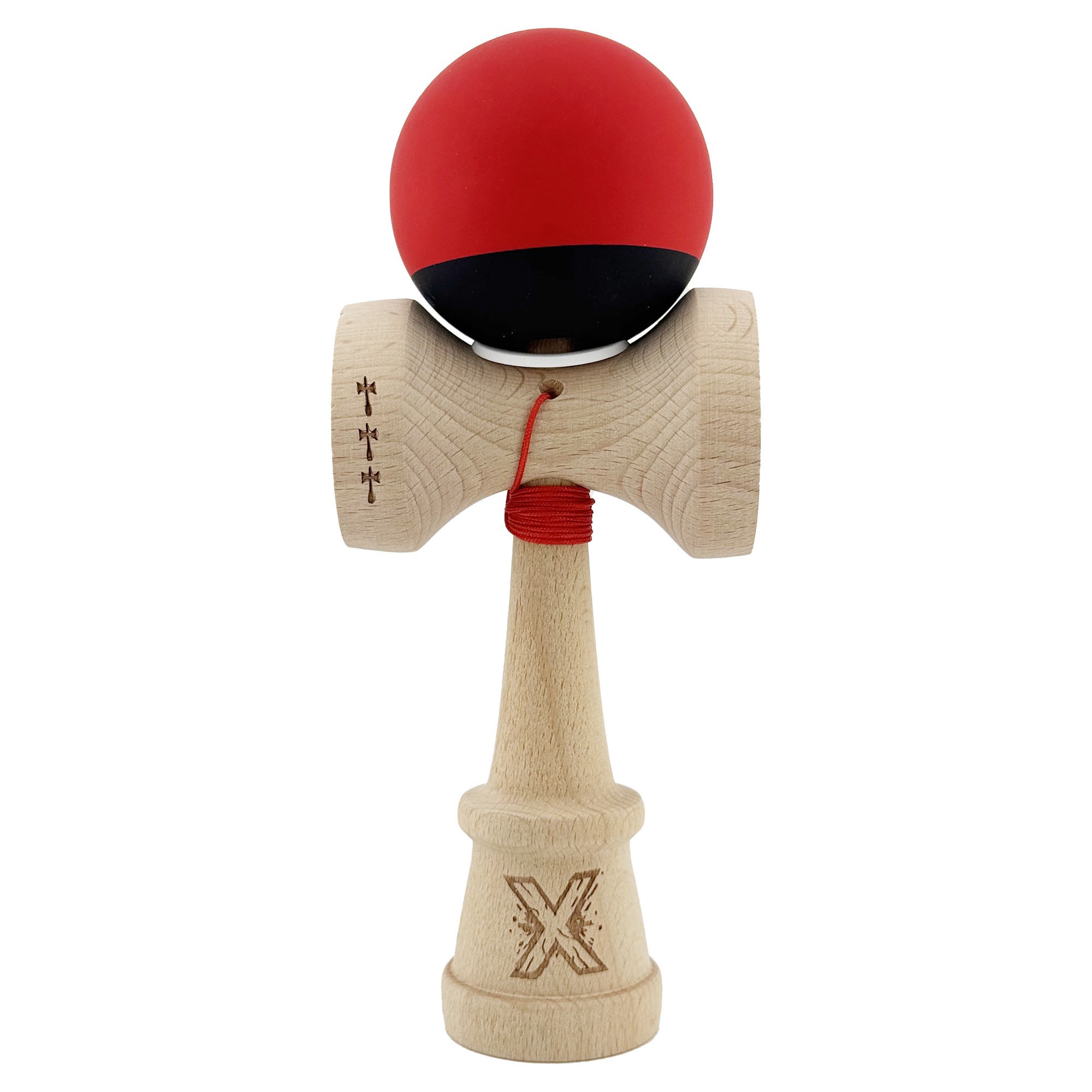 Kendama X Originala, Profesionala, Flippy, Cupe Mari KING SIZE V3, Rubber Grip, Gaura in Baza, Rulment Metalic, din lemn 18 cm, Ata 55 cm, Bicolor Rosu/Negru