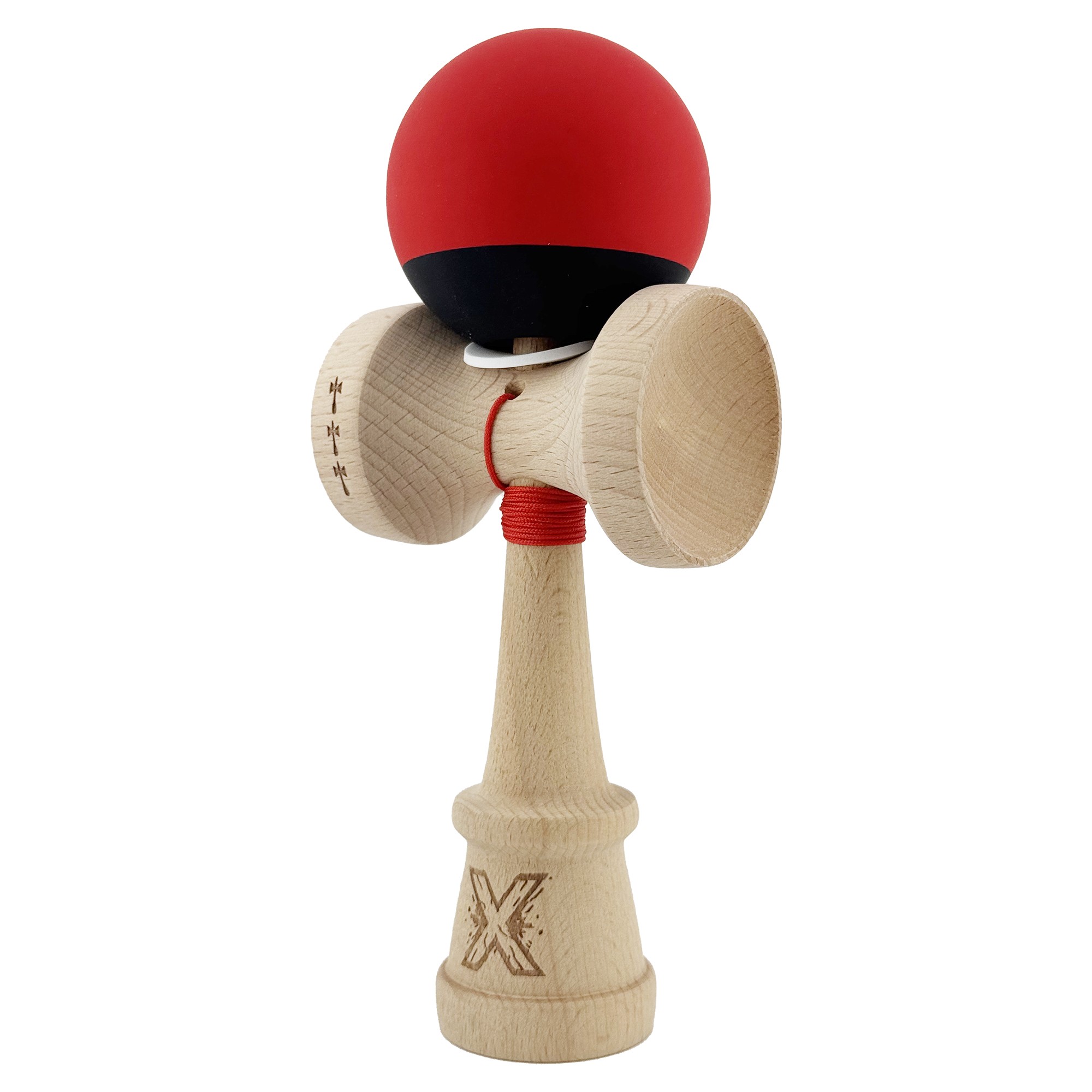 Kendama X Originala, Profesionala, Flippy, Cupe Mari KING SIZE V3, Rubber Grip, Gaura in Baza, Rulment Metalic, din lemn 18 cm, Ata 55 cm, Bicolor Rosu/Negru