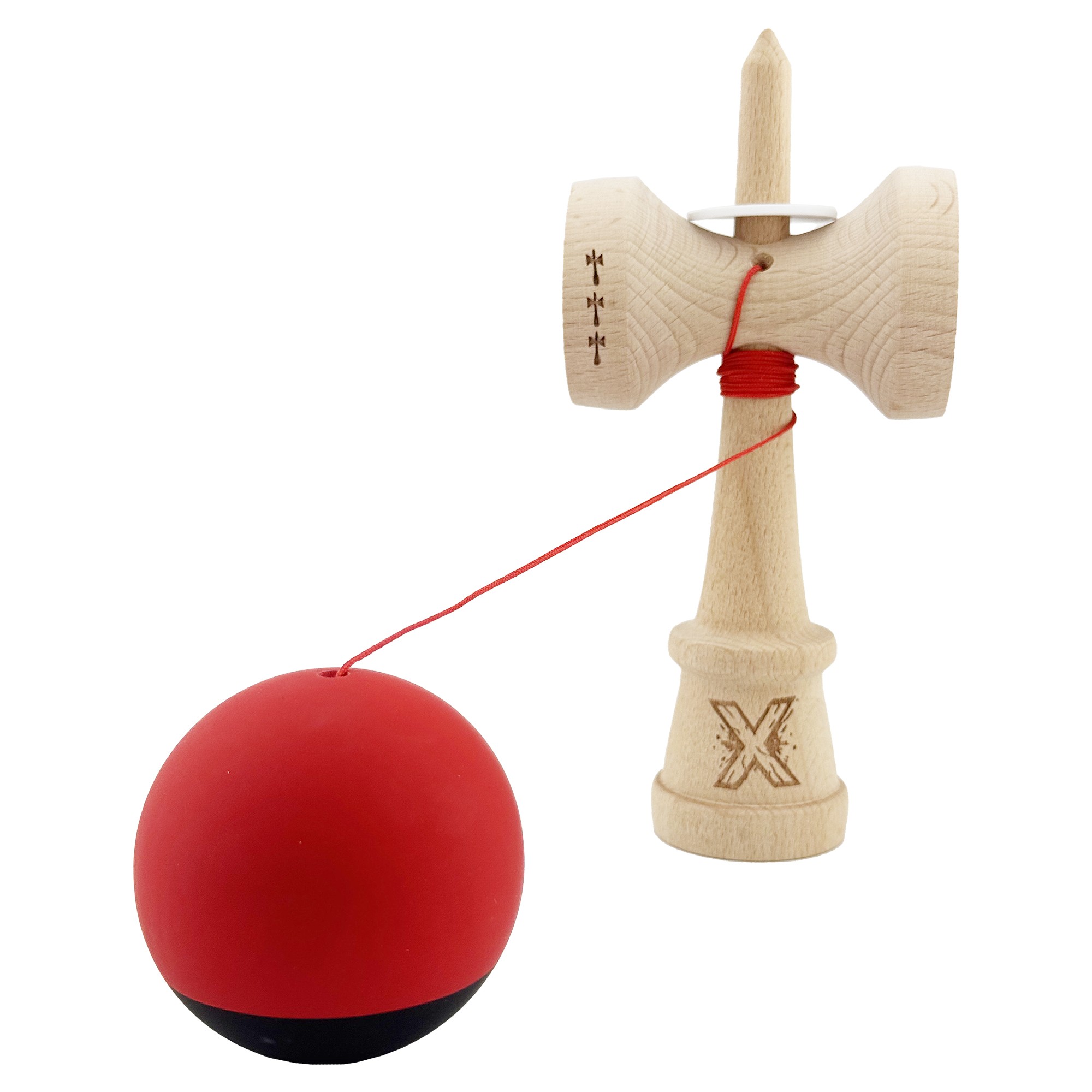 Kendama X Originala, Profesionala, Flippy, Cupe Mari KING SIZE V3, Rubber Grip, Gaura in Baza, Rulment Metalic, din lemn 18 cm, Ata 55 cm, Bicolor Rosu/Negru