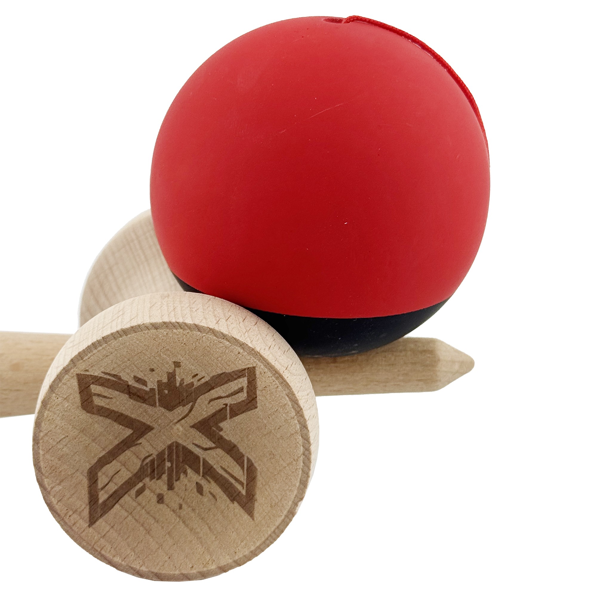 Kendama X Originala, Profesionala, Flippy, Cupe Mari KING SIZE V3, Rubber Grip, Gaura in Baza, Rulment Metalic, din lemn 18 cm, Ata 55 cm, Bicolor Rosu/Negru