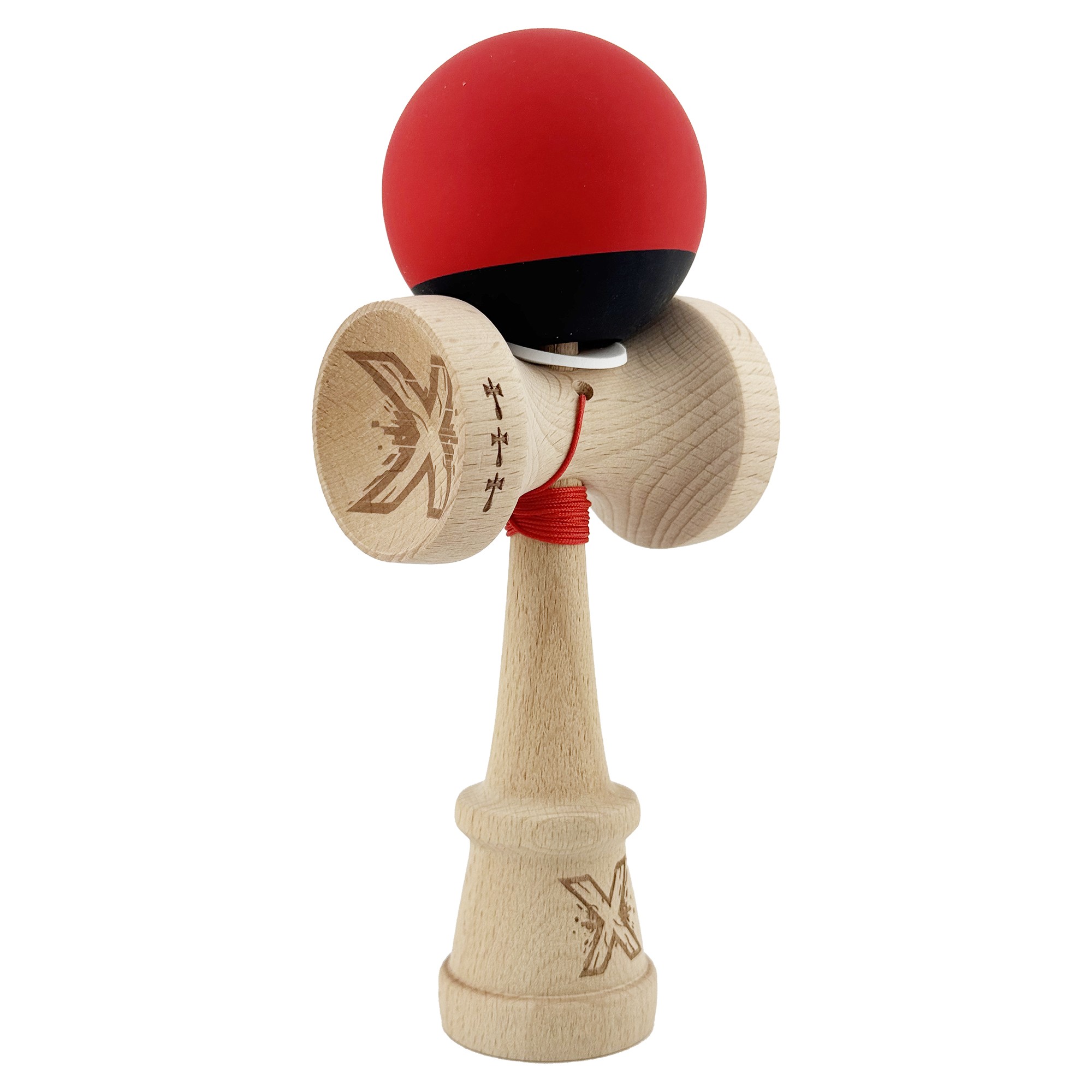 Kendama X Originala, Profesionala, Flippy, Cupe Mari KING SIZE V3, Rubber Grip, Gaura in Baza, Rulment Metalic, din lemn 18 cm, Ata 55 cm, Bicolor Rosu/Negru