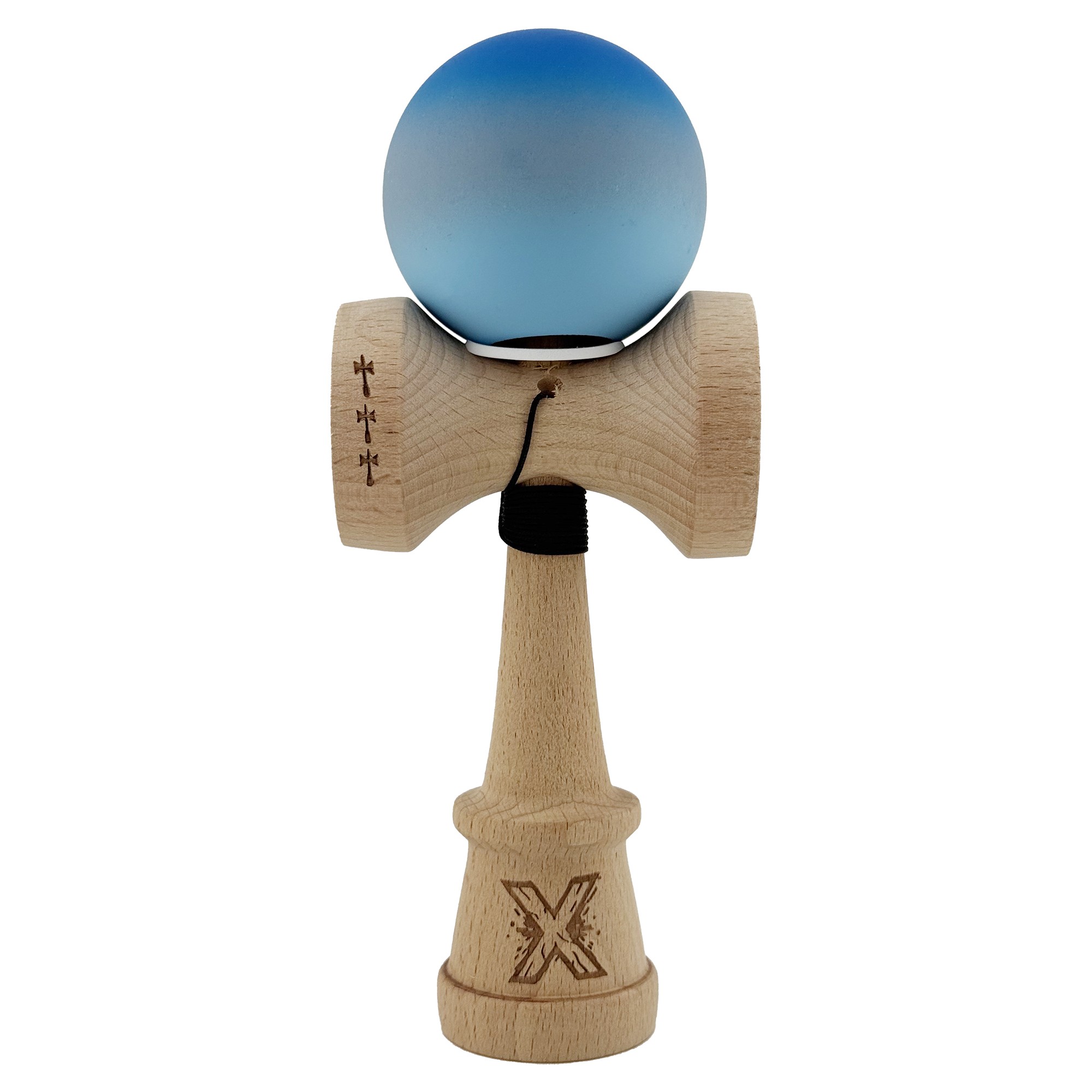 Kendama X Originala, Profesionala, Flippy, Cupe Mari KING SIZE V3, Rubber Grip, Gaura in Baza, Rulment Metalic, din lemn 18 cm, Ata 55 cm, Gradient Albastru/Gri/Albastru deschis
