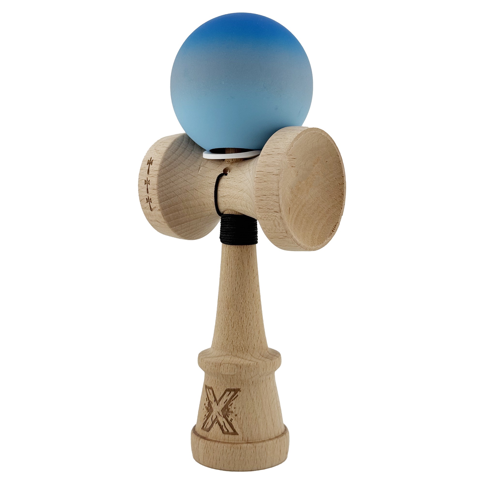 Kendama X Originala, Profesionala, Flippy, Cupe Mari KING SIZE V3, Rubber Grip, Gaura in Baza, Rulment Metalic, din lemn 18 cm, Ata 55 cm, Gradient Albastru/Gri/Albastru deschis