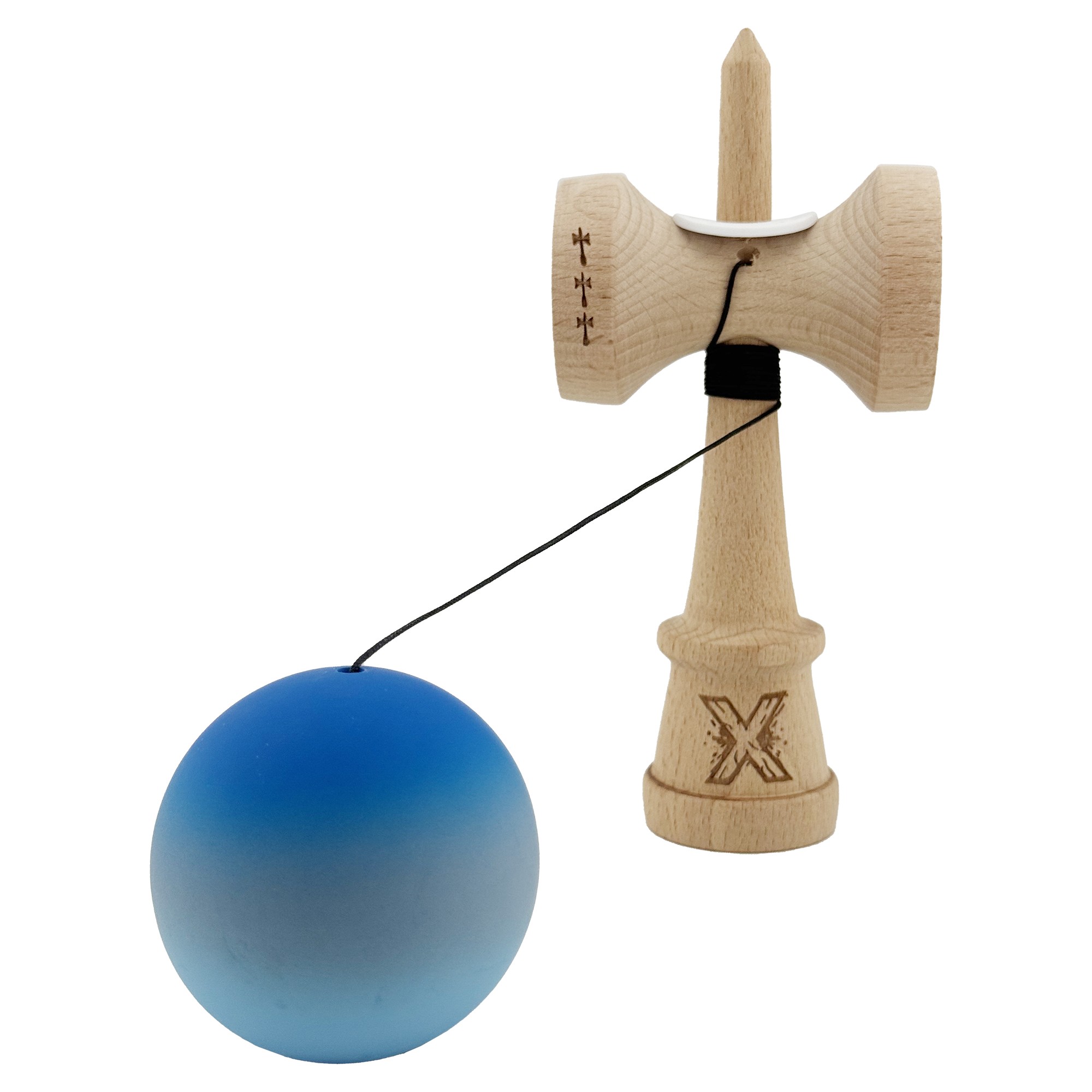 Kendama X Originala, Profesionala, Flippy, Cupe Mari KING SIZE V3, Rubber Grip, Gaura in Baza, Rulment Metalic, din lemn 18 cm, Ata 55 cm, Gradient Albastru/Gri/Albastru deschis