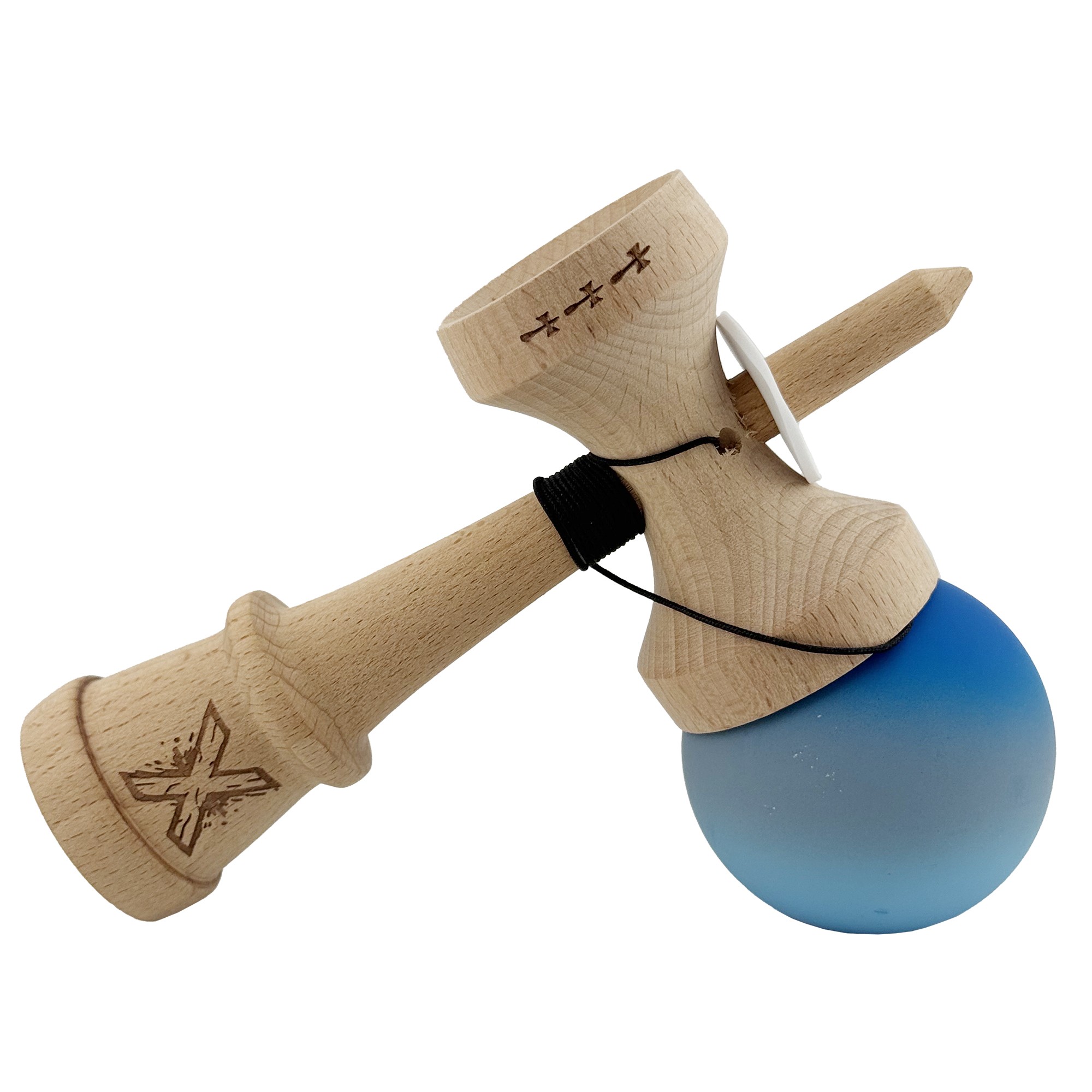 Kendama X Originala, Profesionala, Flippy, Cupe Mari KING SIZE V3, Rubber Grip, Gaura in Baza, Rulment Metalic, din lemn 18 cm, Ata 55 cm, Gradient Albastru/Gri/Albastru deschis