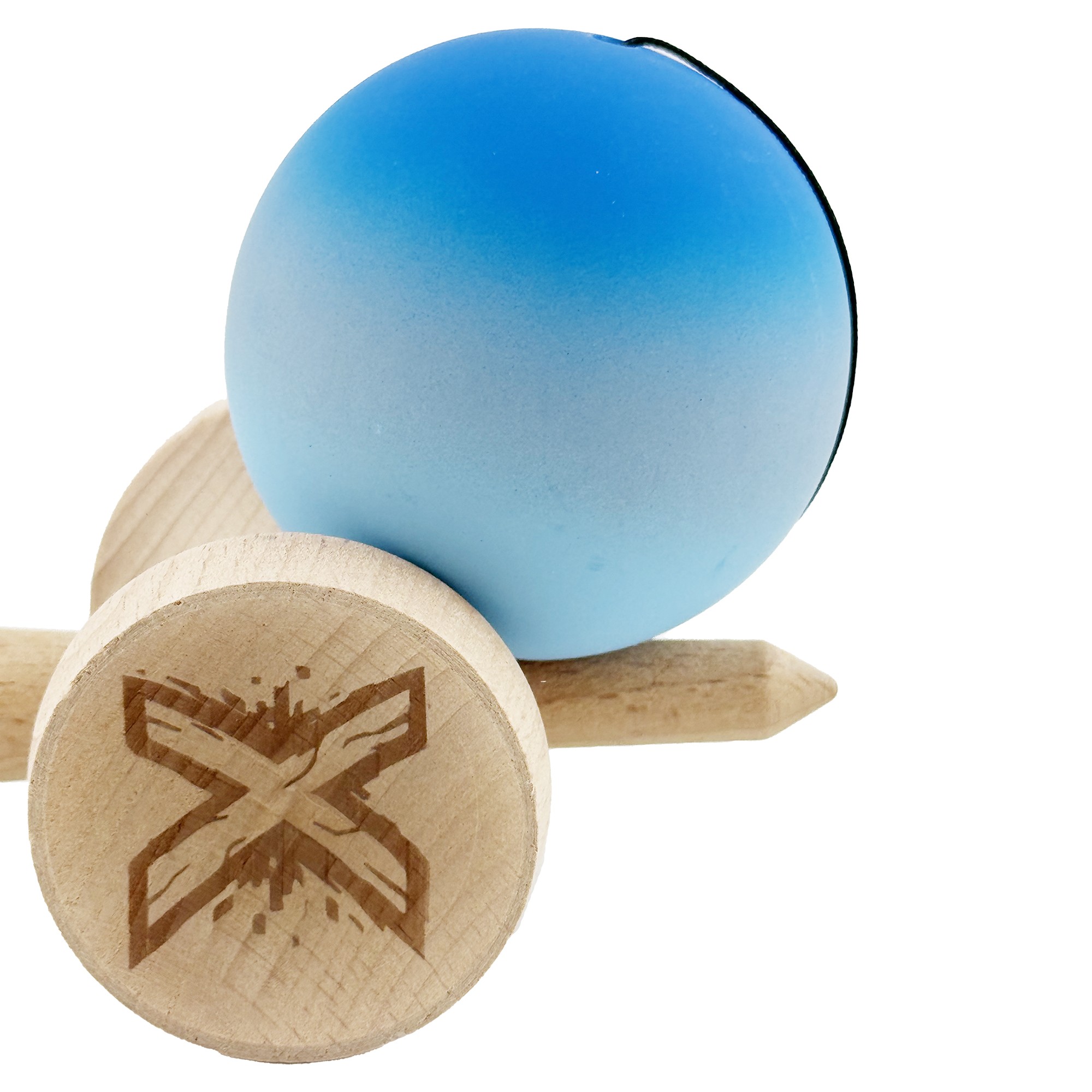 Kendama X Originala, Profesionala, Flippy, Cupe Mari KING SIZE V3, Rubber Grip, Gaura in Baza, Rulment Metalic, din lemn 18 cm, Ata 55 cm, Gradient Albastru/Gri/Albastru deschis