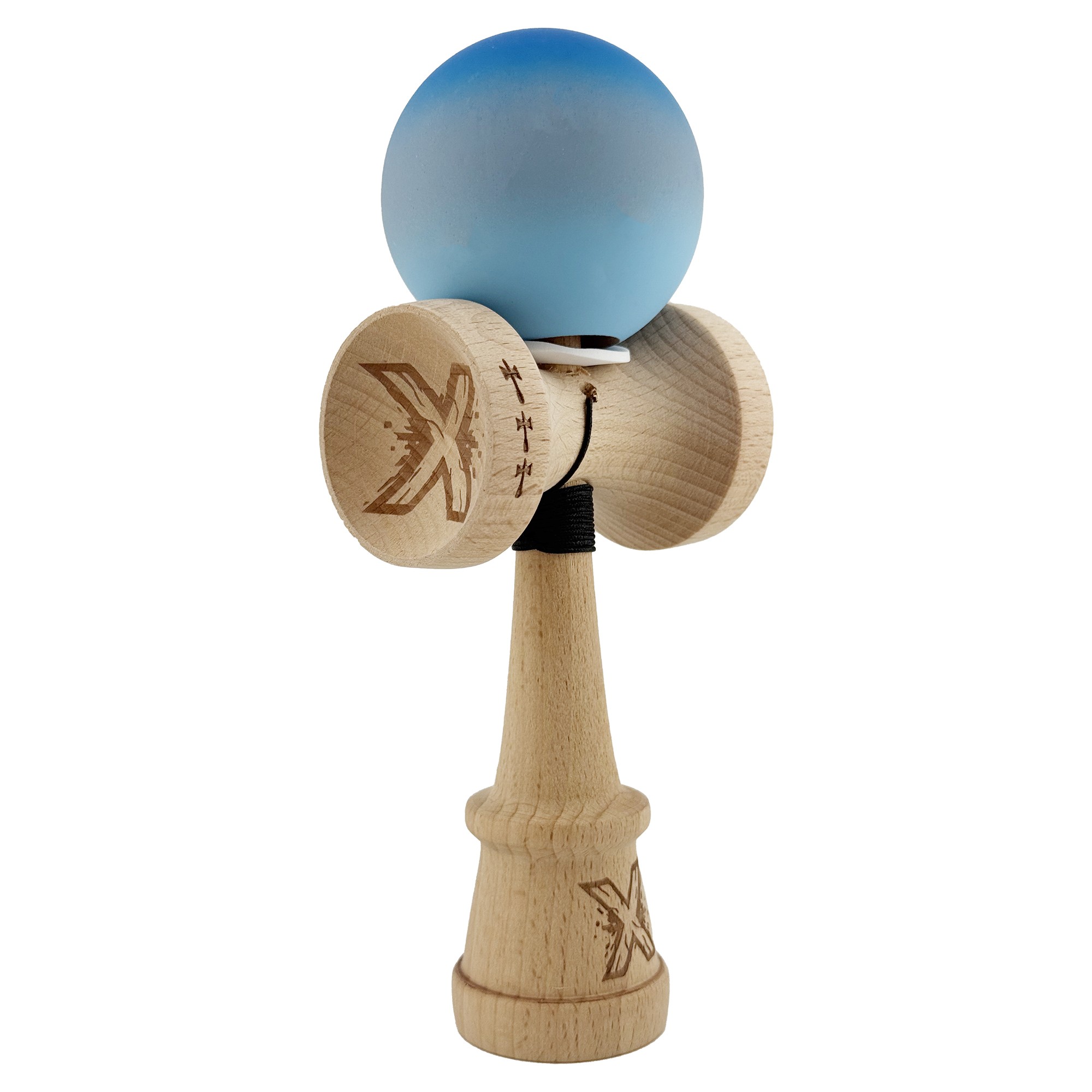 Kendama X Originala, Profesionala, Flippy, Cupe Mari KING SIZE V3, Rubber Grip, Gaura in Baza, Rulment Metalic, din lemn 18 cm, Ata 55 cm, Gradient Albastru/Gri/Albastru deschis