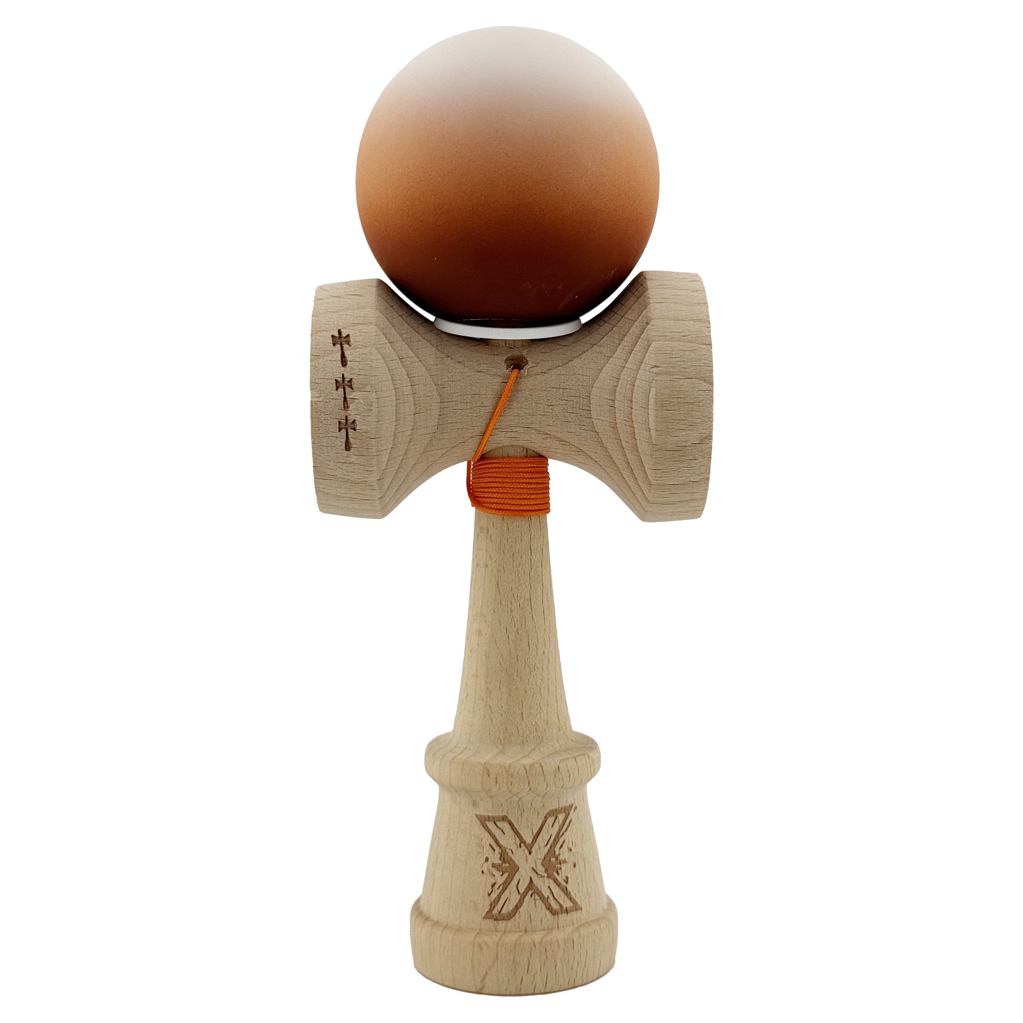 Kendama X Originala, Profesionala, Flippy, Cupe Mari KING SIZE V3, Rubber Grip, Gaura in Baza, Rulment Metalic, din lemn 18 cm, Ata 62/65 cm, Gradient Alb/Maro