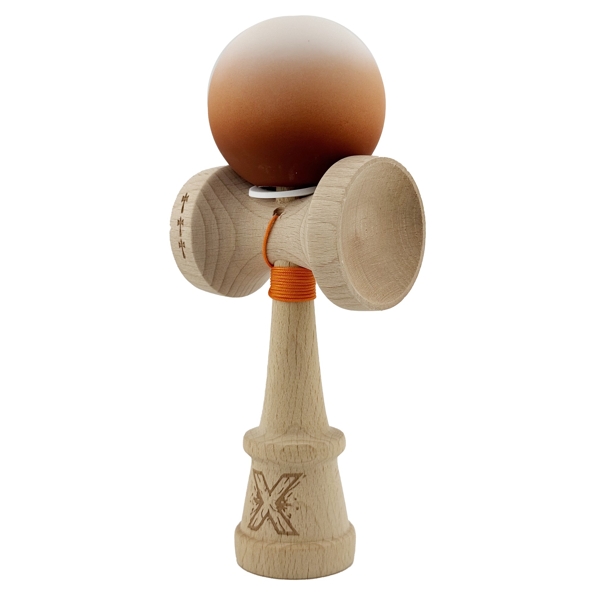 Kendama X Originala, Profesionala, Flippy, Cupe Mari KING SIZE V3, Rubber Grip, Gaura in Baza, Rulment Metalic, din lemn 18 cm, Ata 62/65 cm, Gradient Alb/Maro